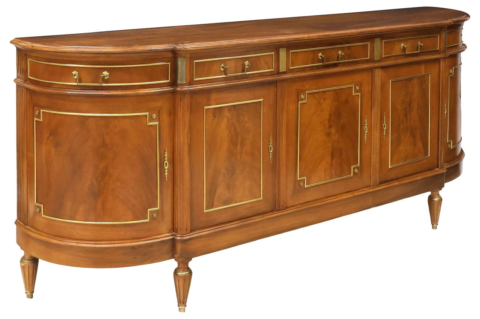 FRENCH LOUIS XVI STYLE FLAME MAHOGANY SIDEBOARD: French Louis XVI style flame mahogany sideboard, 20th c., having demilune top, over five drawers, and five cabinet doors, enclosing fixed-height shelving, gilt-metal banded trim, on short fluted and t