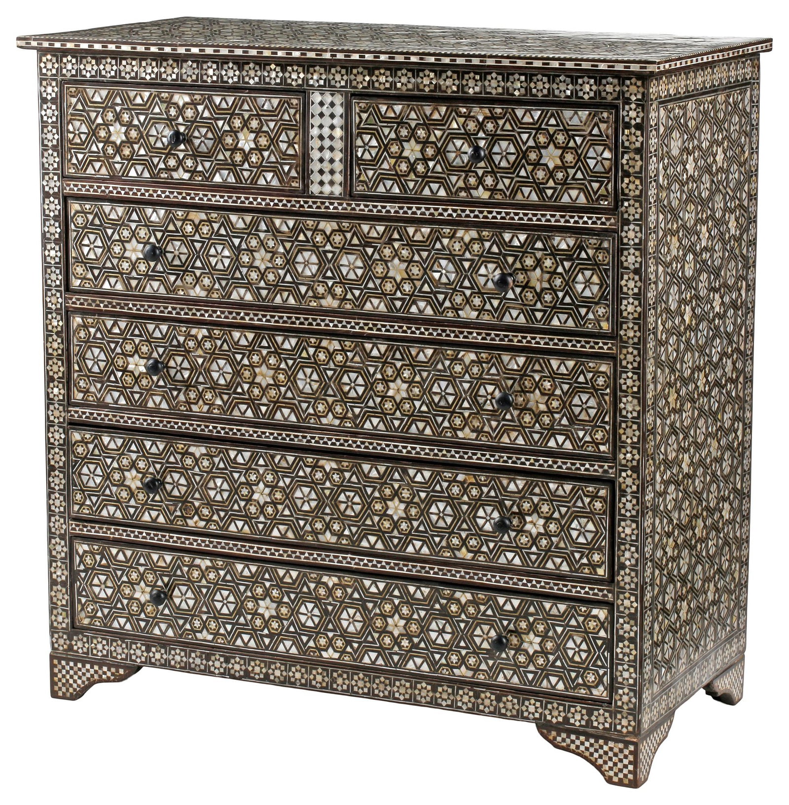 MOORISH STYLE SHELL-INLAID CHEST OF DRAWERS: Moorish style mosaic shell-inlaid chest of drawers, rectangular case witted with six drawers, on bracket feet, approx 41.5"h, 41"w, 20.5"d