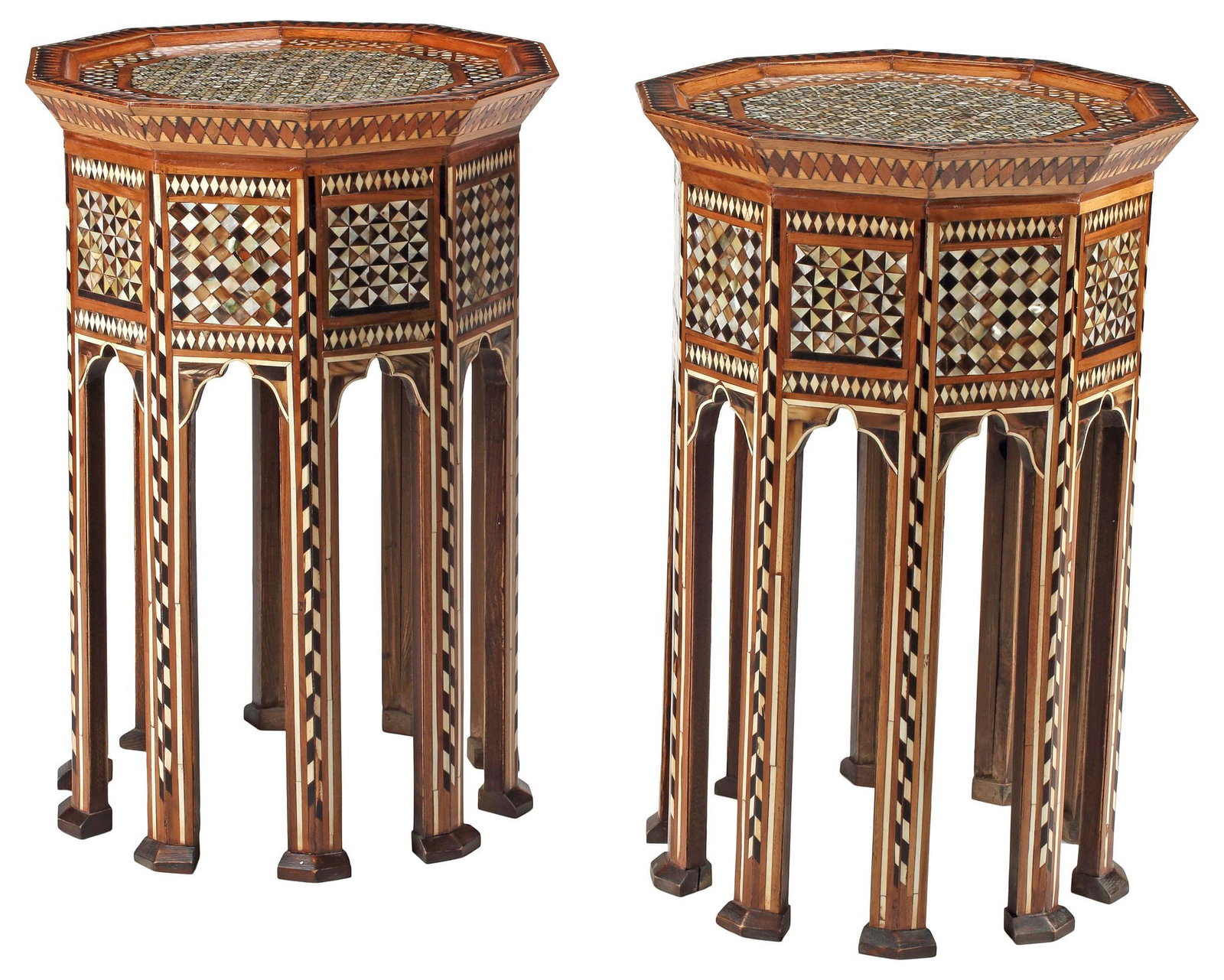 (2) LARGE MOORISH STYLE INLAID DECAGONAL SIDE TABLES: (pair) Large Moorish style inlaid decagonal side tables, rising on mihrab-shaped supports, approx 29"h, 20.5"diam