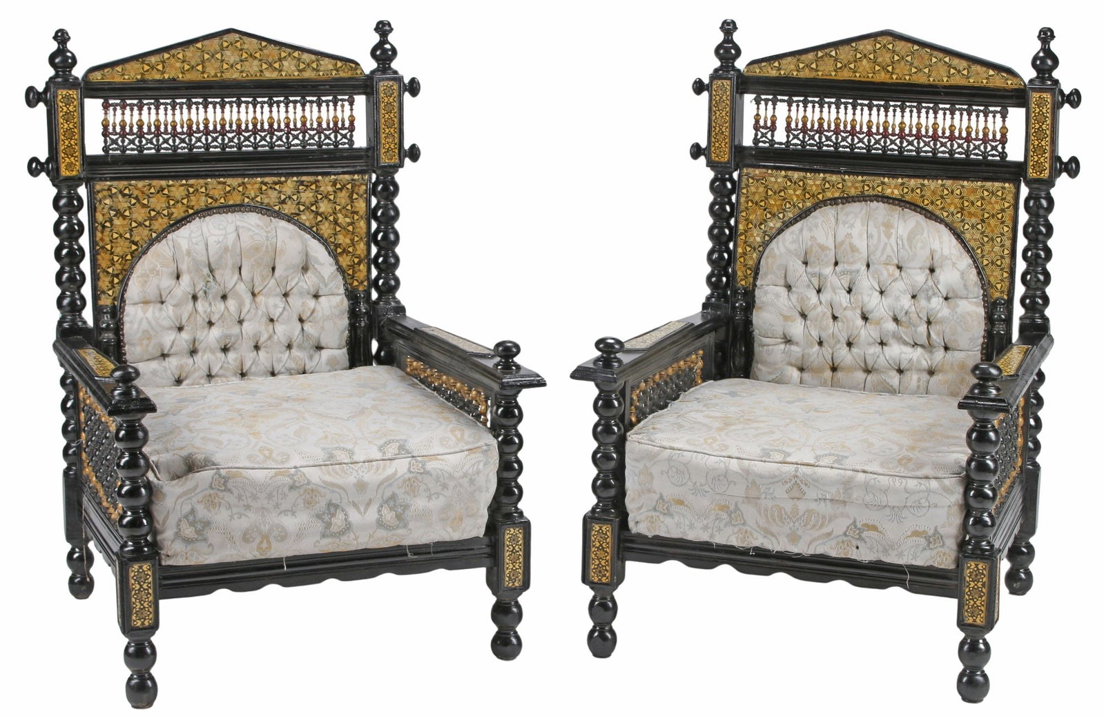 (2) MOORISH STYLE MOSAIC-INLAID & BLACK LACQUERED ARMCHAIRS: (pair) Moorish style black lacquered armchairs, each having turned and spindled frame with geometric mosaic inlay, padded back and seat in patterned upholstery with metallic threads, rising on turned