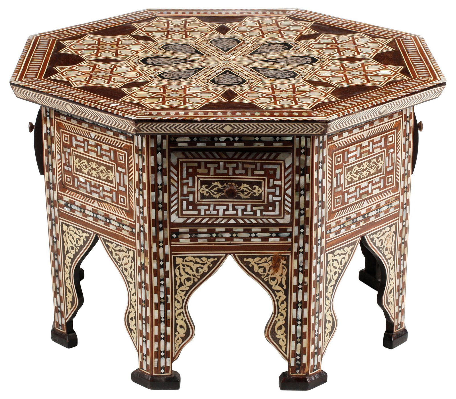 LARGE MOORISH STYLE SHELL-INLAY OCTAGONAL CENTER TABLE, 34"DIAM: Moorish style shell-inlaid octagonal center table, inlaid star and geometric patterns throughout, the base fitted with four drawers over mihrab-form arches, approx 21"h, 34"diam