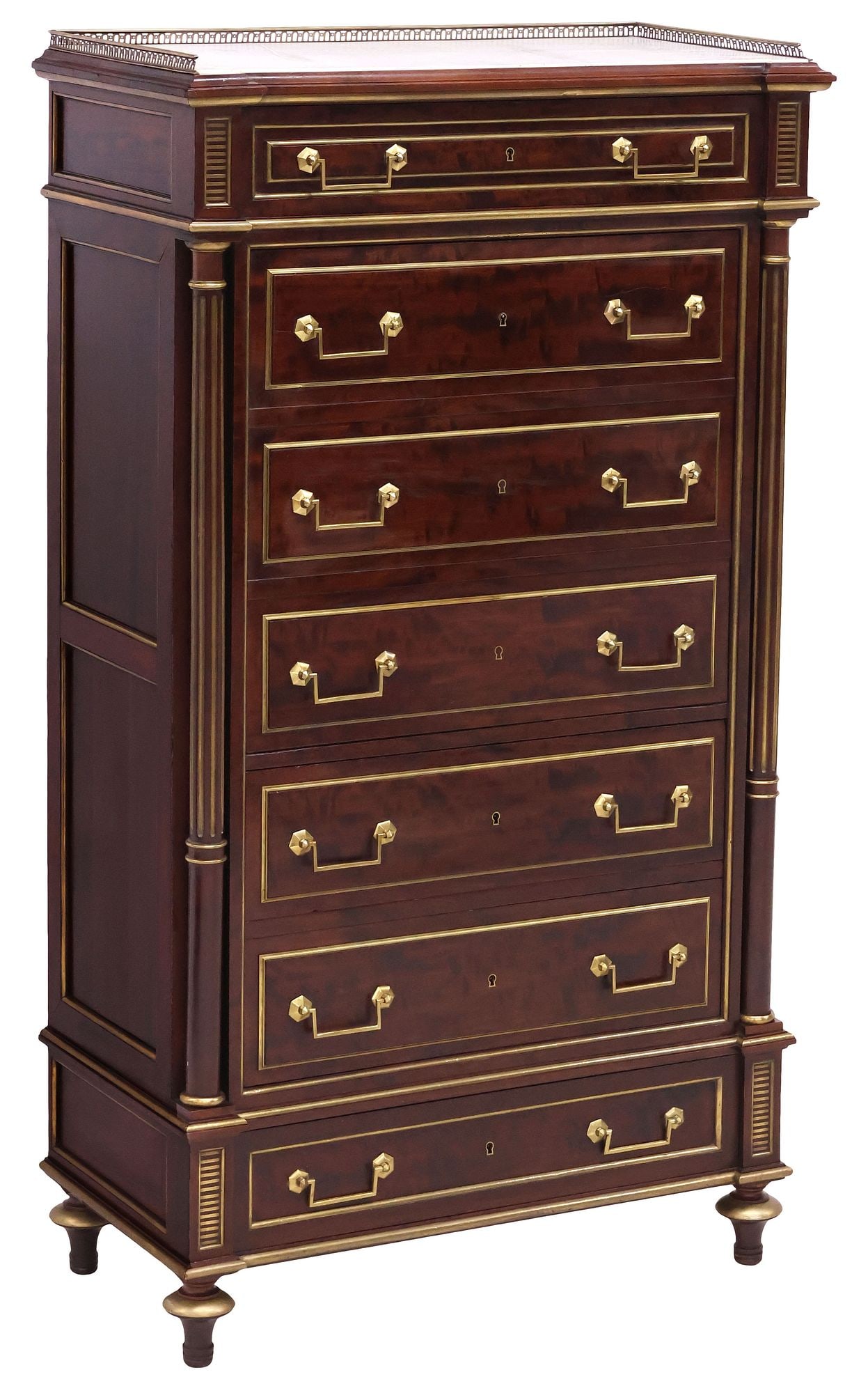 LOUIS XVI STYLE MARBLE-TOP MAHOGANY FAUX DRAWER FALL-FRONT SECRETARY: French Louis XVI style "plum pudding" mahogany secretaire abattant, late 19th c., having inset marble top and pierced gilt-metal three-quarter gallery, above faux drawer facade mimicking a semainier,
