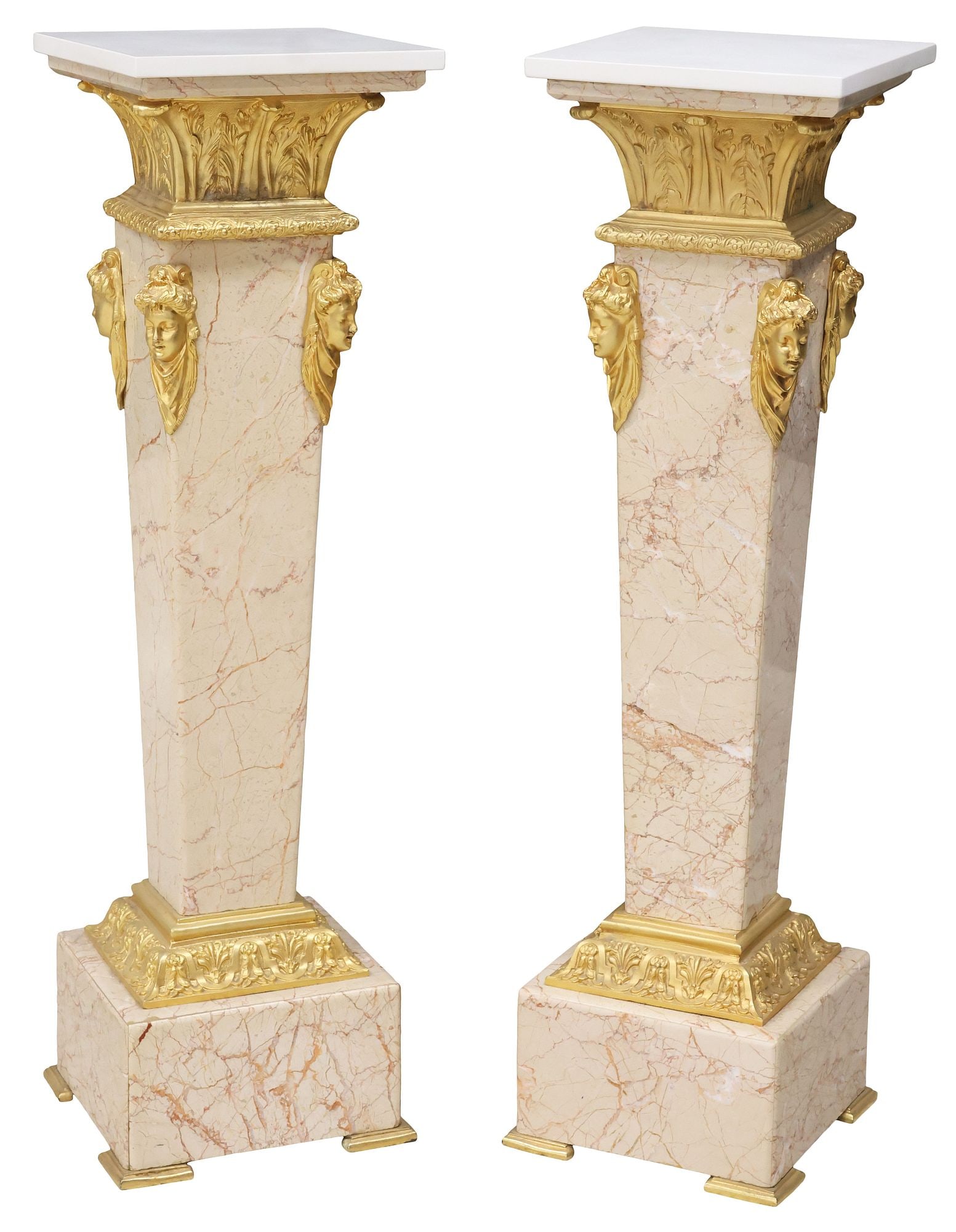 (2) FRENCH LOUIS XVI STYLE ORMOLU-MOUNTED STONE DISPLAY PEDESTALS: (pair) French Louis XVI style variegated stone pedestals with bronze dore mounts, 20th c., removable white stone square top, fitted in tapering standard with Corinthian capital and figural bust