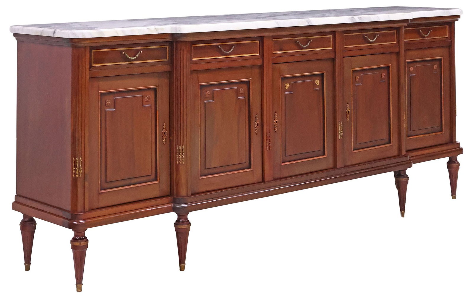 FRENCH LOUIS XVI STYLE MARBLE-TOP MAHOGANY BREAKFRONT SIDEBOARD: French Louis XVI mahogany sideboard, 20th c., having shaped marble top, over conforming breakfront case, fitted with five drawers, and five paneled cabinet doors, each enclosing adjustable shelving, m