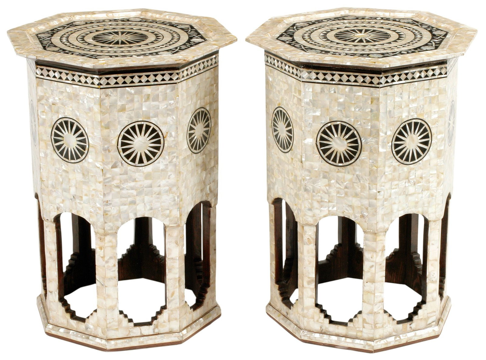 (2) MOORISH STYLE SHELL-INLAID OCTAGONAL SIDE TABLES: (pair) Moorish style mother-of-pearl inlaid octagonal side tables, on angled supports with shaped cut-outs, approx 24"h, 18.5"w, 18.5"d