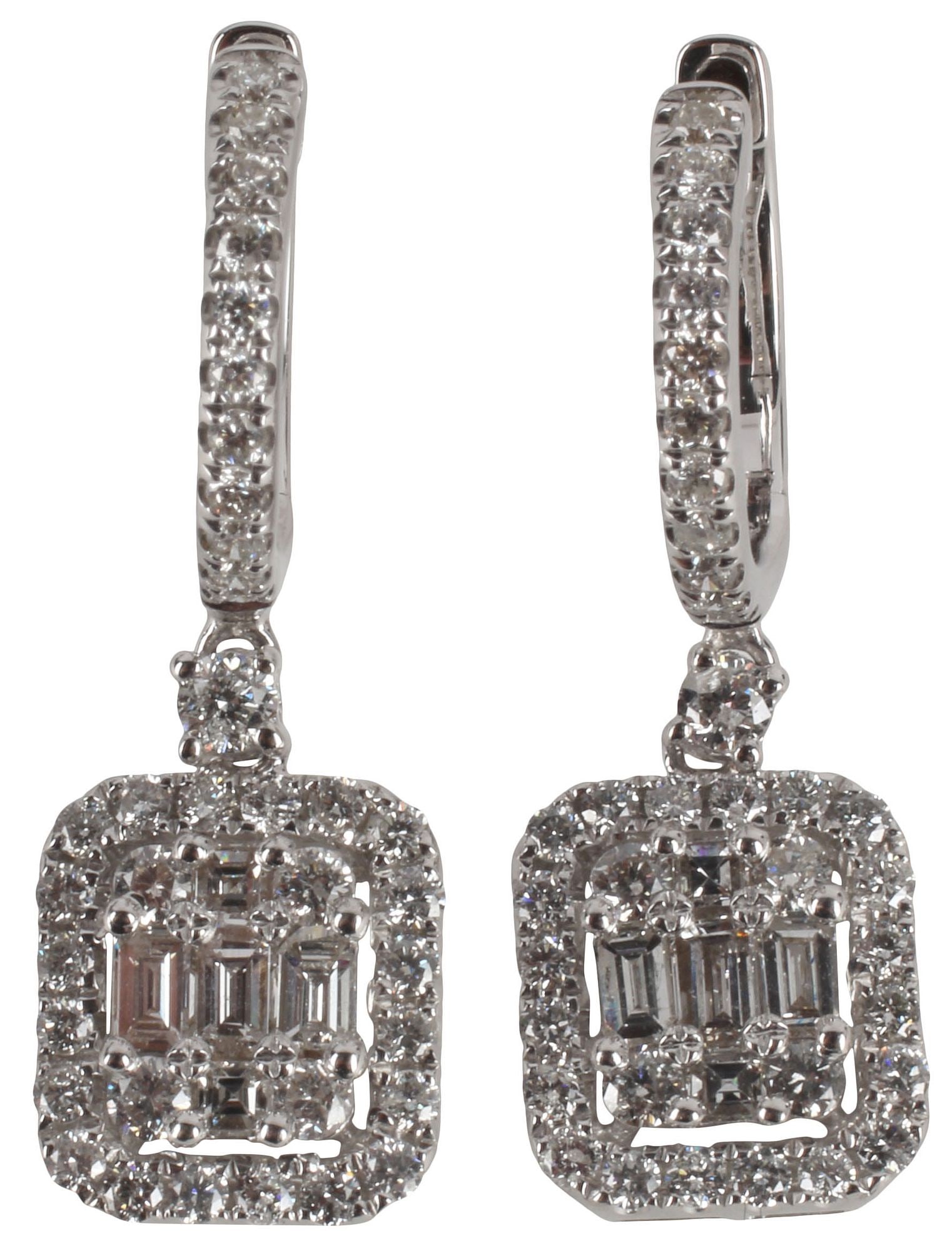 (PR) ESTATE 18KT WHITE GOLD & 1.00CTTW DIAMOND DROP EARRINGS: (pair) Estate18kt white gold and diamond drop earrings, for pierced ears, each having articulated square drop with mixed-cut diamonds, within a diamond halo surround, suspended from hinged diamond set