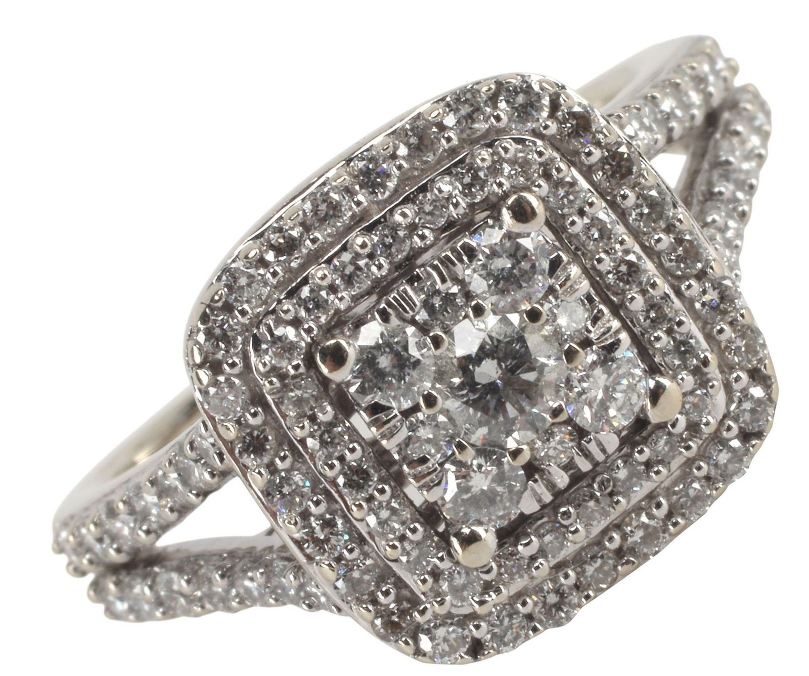 ESTATE 14KT WHITE GOLD & 1.00CTTW DIAMOND DOUBLE HALO RING: 14K White Gold and Diamond engagement ring, cluster of round diamonds in a square shape, approx 1.00cttw, average color: H-I, average clarity: SI2-I, marked 14K, approx size 6.5, 4.8 grams **NOTE: