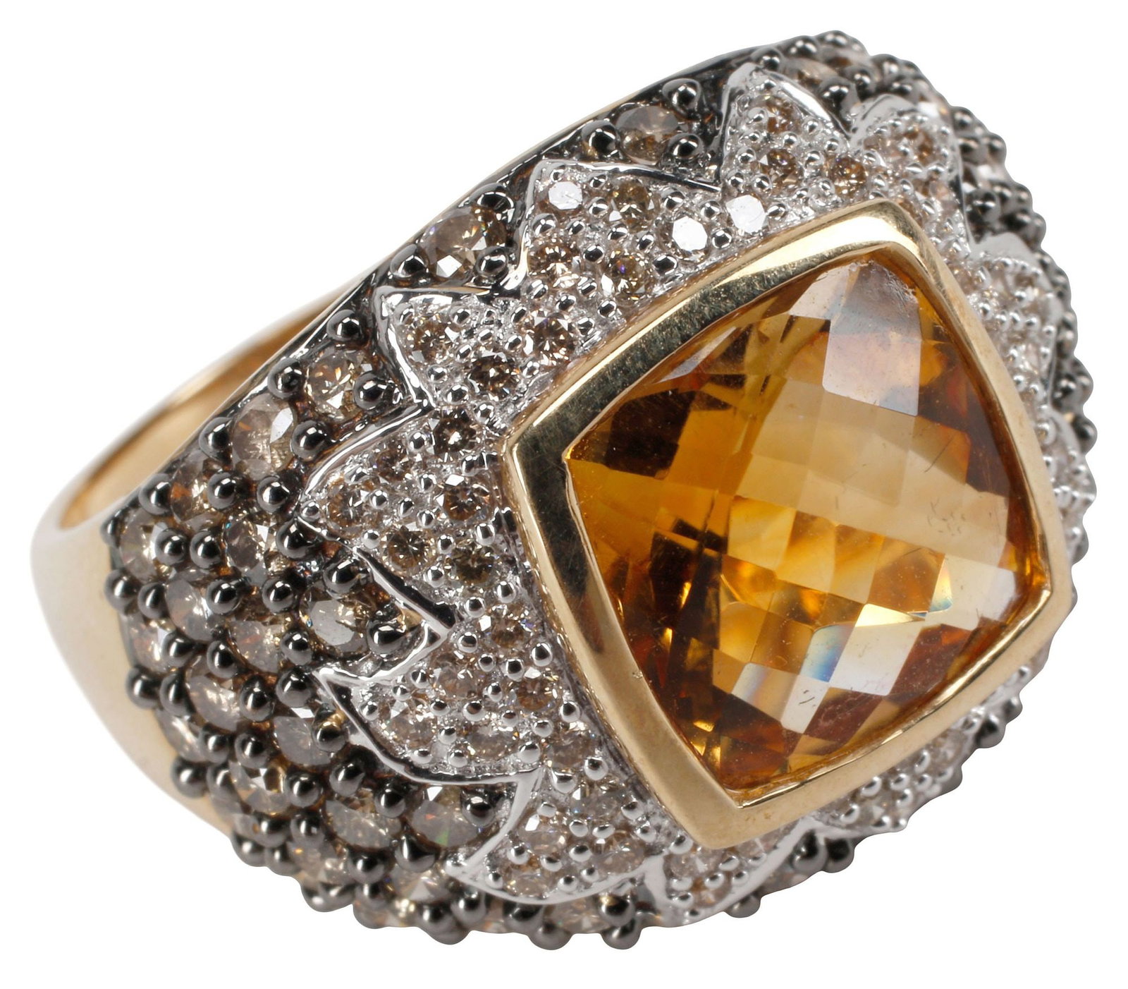ESTATE 14KT GOLD, 4.70CT CITRINE & MULTI-COLOR DIAMOND COCKTAIL RING: Estate 14kt bi-color gold and black rhodium gemset cocktail ring, centering a faceted cushion-cut citrine, approx 4.70cts, framed by numerous small white diamonds, approx 0.25cttw, average color: I-J,
