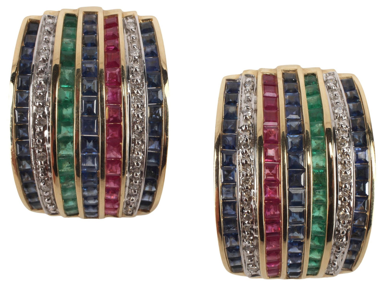 ESTATE 14KT YELLOW GOLD, DIAMOND & GEMSTONE HALF HOOP EARRINGS: Estate 14kt yellow gold and multi-gemstone half-hoop earrings, each having arched frame set with numerous small round-cut diamonds, approx 0.15cttw, average color: H-I, average clarity: SI, divided by