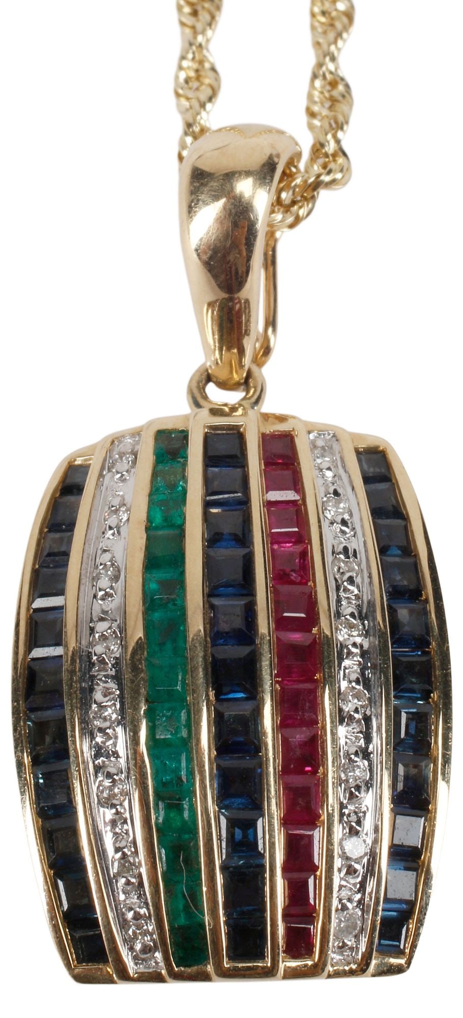 ESTATE 14KT YG, RUBY, EMERALD, SAPPHIRE & DIAMOND PENDANT NECKLACE: Estate 14kt yellow gold (tested) and multi-gemstone pendant necklace, multi-gemstone enhancer pendant, having arched frame with safety closure, set with numerous small round-cut diamonds, approx 0.06c