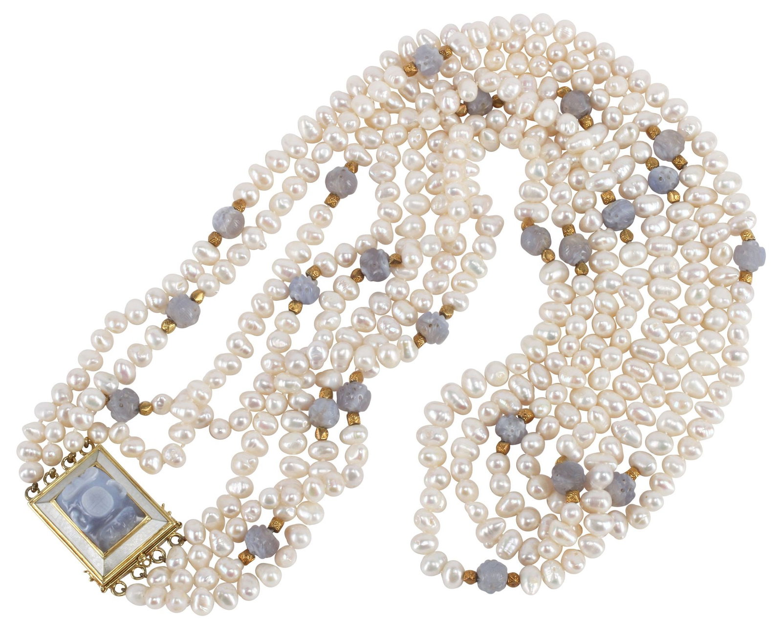 ESTATE 18KT CARVED CHALCEDONY & FRESHWATER PEARL MULTI-STRAND NECKLACE: Estate 18kt yellow gold multi-strand freshwater pearl necklace, comprised of four baroque shape pearl strands, with twenty-three carved blue chalcedony beads, each flanked by faceted gold-plated beads