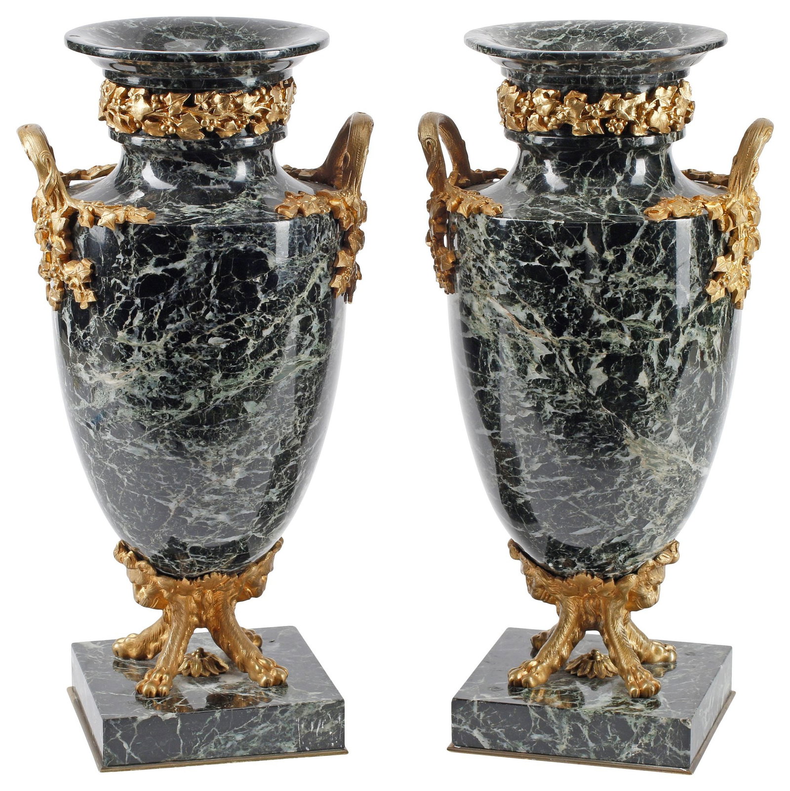(2) FRENCH LOUIS XV STYLE ORMOLU-MOUNTED MARBLE URNS: (pair) French Louis XV style marble urns, 19th c., with bronze dore mounts, rising on paw feet, further raised on square platform, approx 15"h, 7.5"w, 6"d, 50lbs total