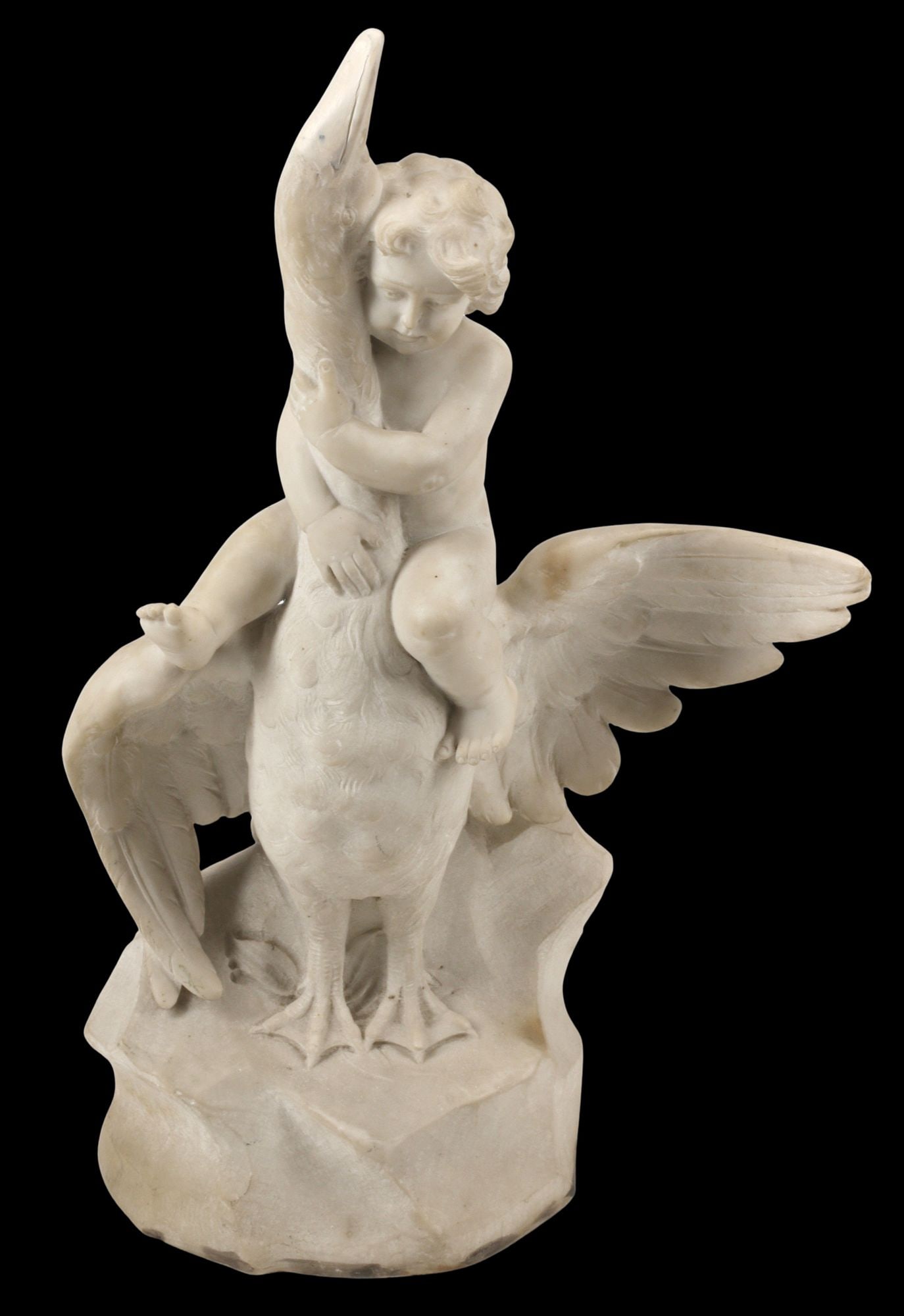 CARVED CARARRA MARBLE SCULPTURE, CHERUB & SWAN, 26"H (1 of 5)