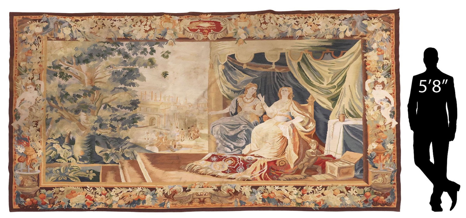 LARGE FRENCH AUBUSSON STYLE HANDWOVEN FIGURAL TAPESTRY, 97"L: French Aubusson style handwoven tapestry, late 19th/ early 20th c., depicting a pair of enthroned figures with a monkey, seated below drapery, in a verdant landscape with villagers and architecturals 