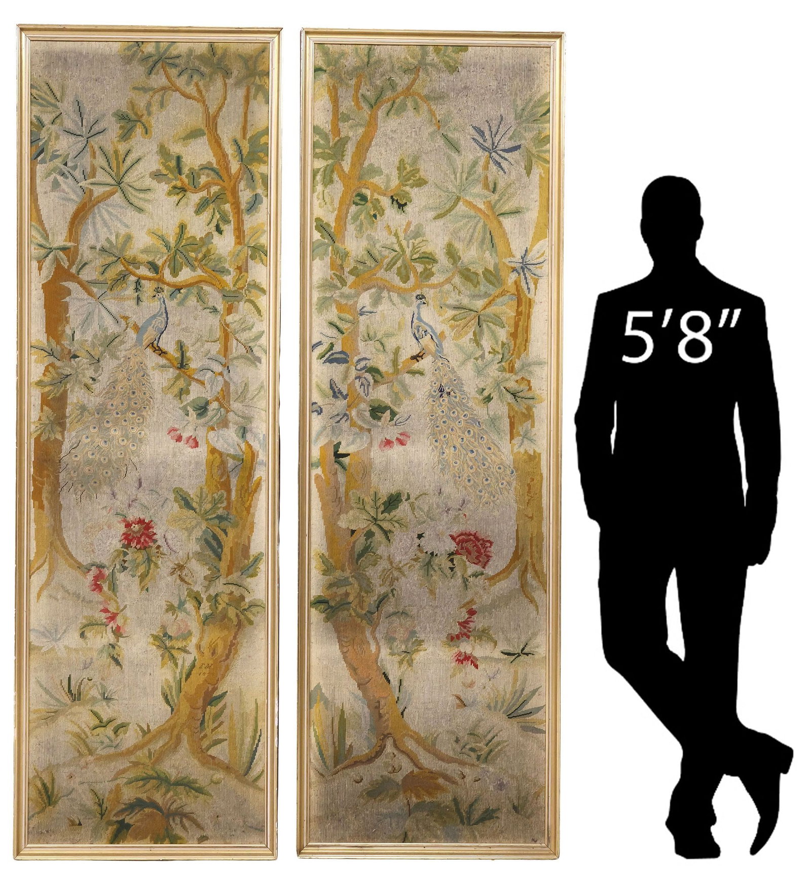 (2) FRAMED FRENCH AUBUSSON STYLE HANDWOVEN TAPESTRIES WITH PEACOCKS, 97.5"H (1 of 5)
