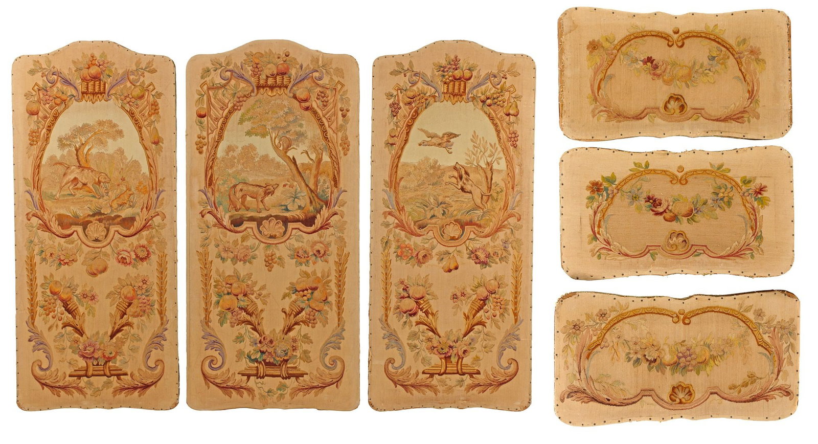 (6) ANTIQUE FRENCH AUBUSSON WOVEN TAPESTRY PANELS, 19TH C.: (lot of 6) French Aubusson woven tapestry panels, 19th c, mounted on stretchers with gimp braid applique trim, including: (3) with central hound hunt scene, above fruit-filled cornucopia, approx 48.5&