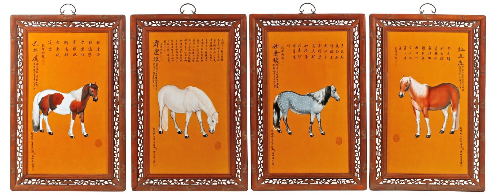 (4) LARGE FRAMED CHINESE PORCELAIN PLAQUES WITH HORSES (1 of 5)