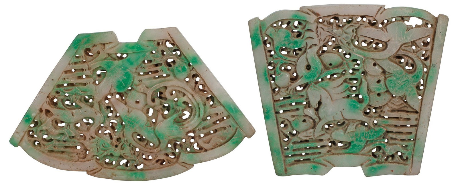 (2) CHINESE CARVED GREEN & WHITE JADE CARTOUCHE-SHAPED PLAQUES (1 of 4)