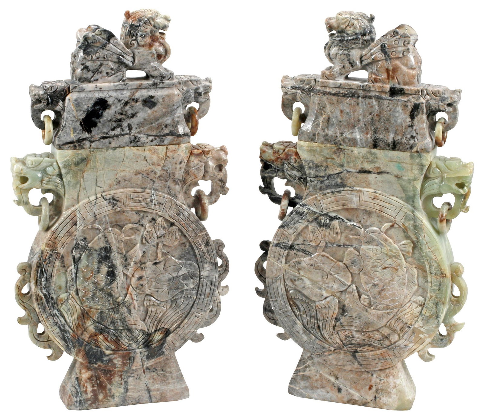 (2) LARGE CHINESE CARVED HARDSTONE SCULPTURAL COVERED VASES, 32"H (1 of 5)