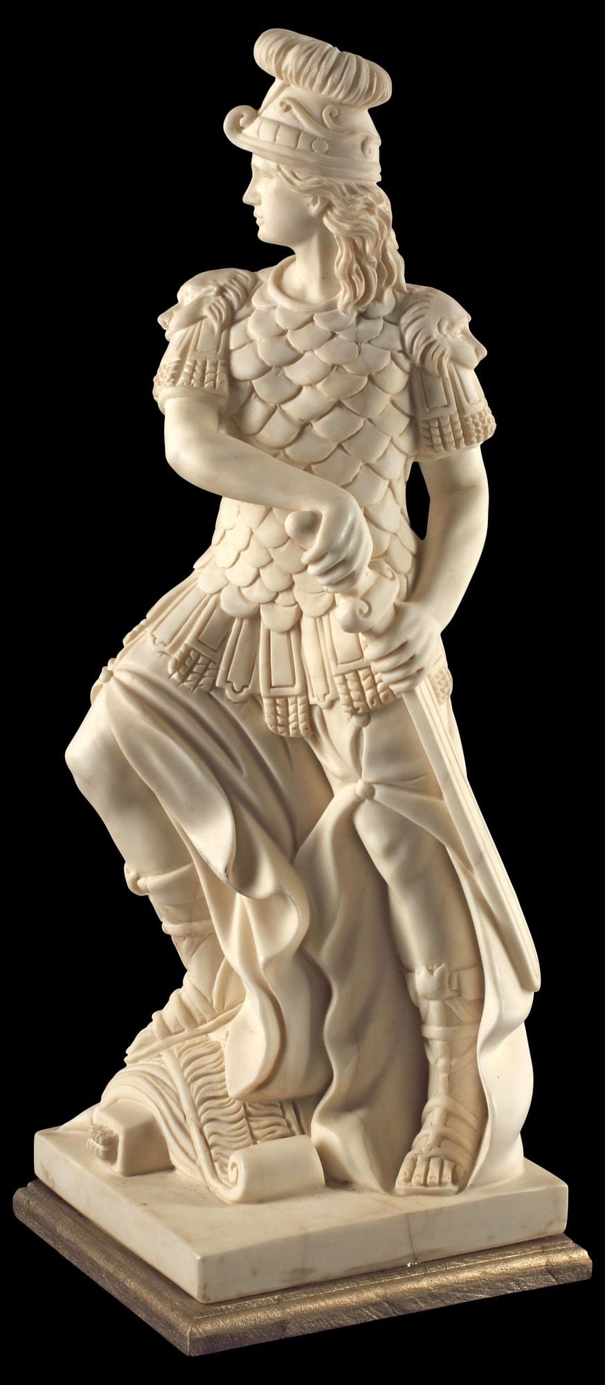 CARVED MARBLE SCULPTURE, ROMAN WARRIOR DRAWING SWORD, 25"H: Carved Carrara marble sculpture, Roman Warrior Drawing His Sword, on wood base, intact with stable hairlines, overall: approx 25"h, 8.5"w, 9"d, 44.5lbs