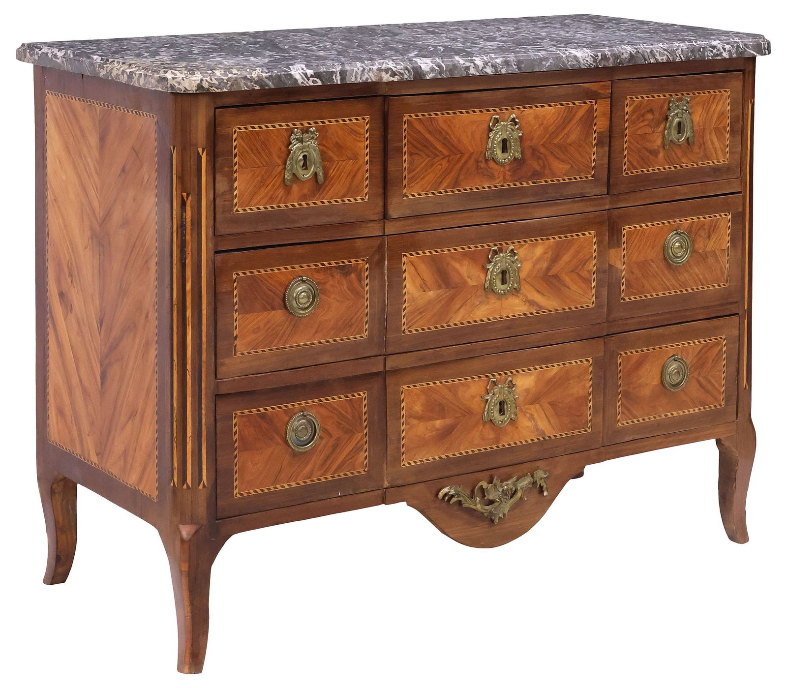 FRENCH TRANSITIONAL STYLE MARBLE-TOP MATCHED-VENEER COMMODE (1 of 5)
