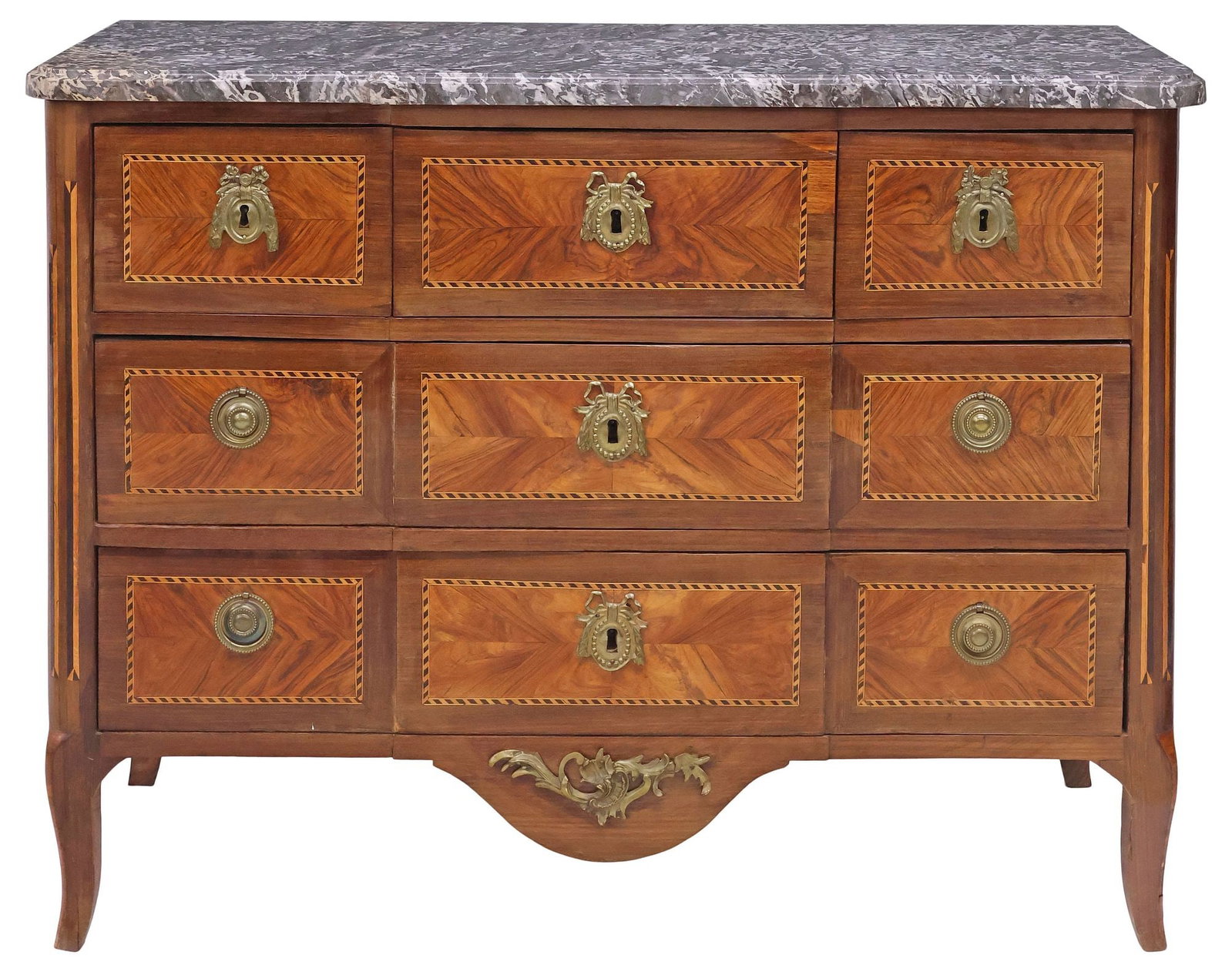 FRENCH TRANSITIONAL STYLE MARBLE-TOP MATCHED-VENEER COMMODE - 2