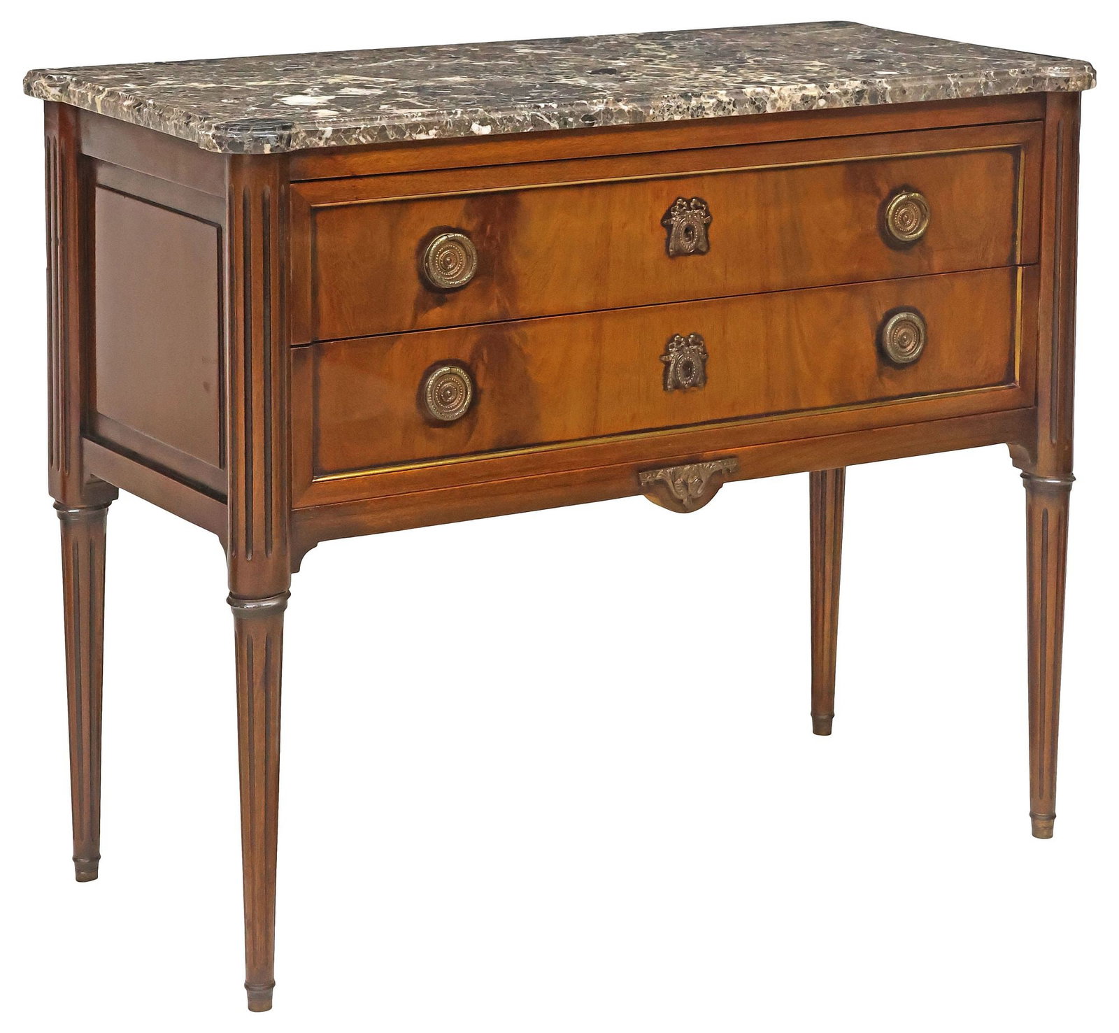 FRENCH LOUIS XVI STYLE MARBLE-TOP MAHOGANY TWO-DRAWER COMMODE: French Louis XVI style mahogany commode, late 19th c., having shaped marble top, over two drawers, framed by protruding fluted corner posts, on tapered legs and brass cap feet, approx 32.5"h, 39 3/8"w