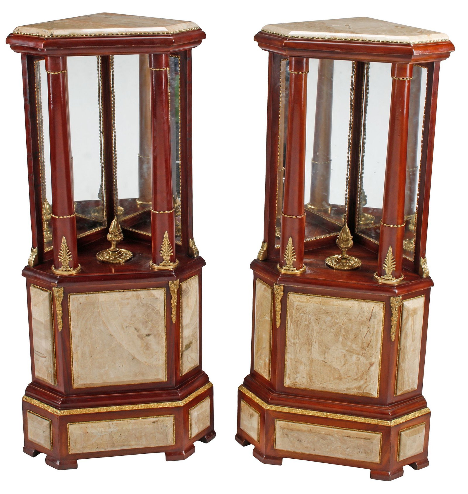 (2) LOUIS XVI STYLE ORMOLU-MOUNTED MARBLE & WOOD CORNER PEDESTALS: (pair) Louis XVI style marble and mahogany corner pedestals/ display stands, each with bronze dore mounts, canted triangular top over mirrored backsplash, with columnar supports and pointed finial, on