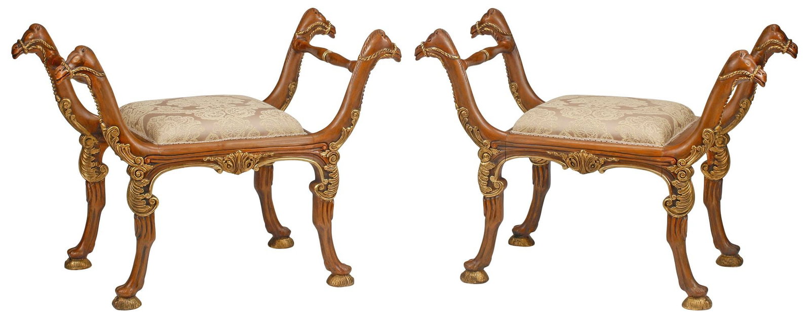 (2) ITALIAN STYLE PARCEL-GILT CAMEL MASK CURULE-FORM STOOLS: (pair) Italian style parcel-gilt curule stools, with camel mask arm terminals, over jacquard embroidered upholstered seats, approx 26.5"h, 36"w, 20"d, seat height: 18"h
