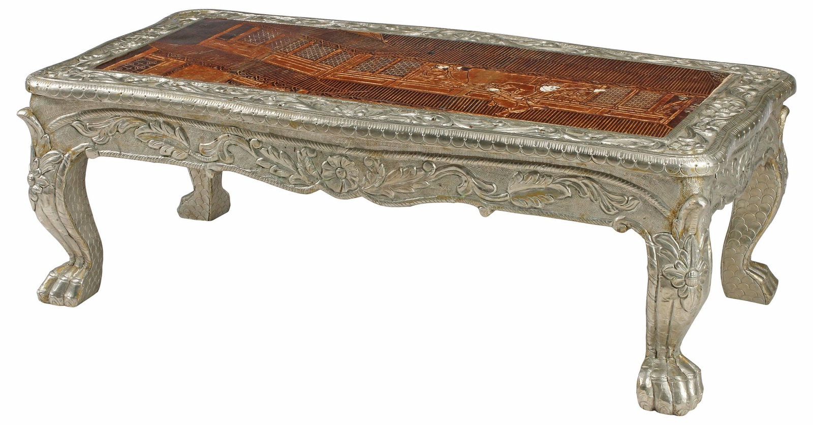 LARGE CHINOISERIE LACQUERED & SILVERED METAL-CLAD COFFEE TABLE: Silvered metal-clad coffee table, shaped top with central chinoiserie lacquered panel, depicting figures on an architectural pagoda rooftop, rising on cabriole legs, ending on paw feet, approx 16.5"h,