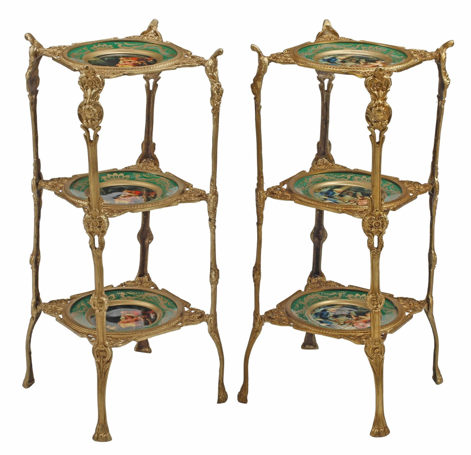 (2) PETITE LOUIS XV STYLE ORMOLU & PORCELAIN 3-TIER SIDE TABLES, 26"H (1 of 6)