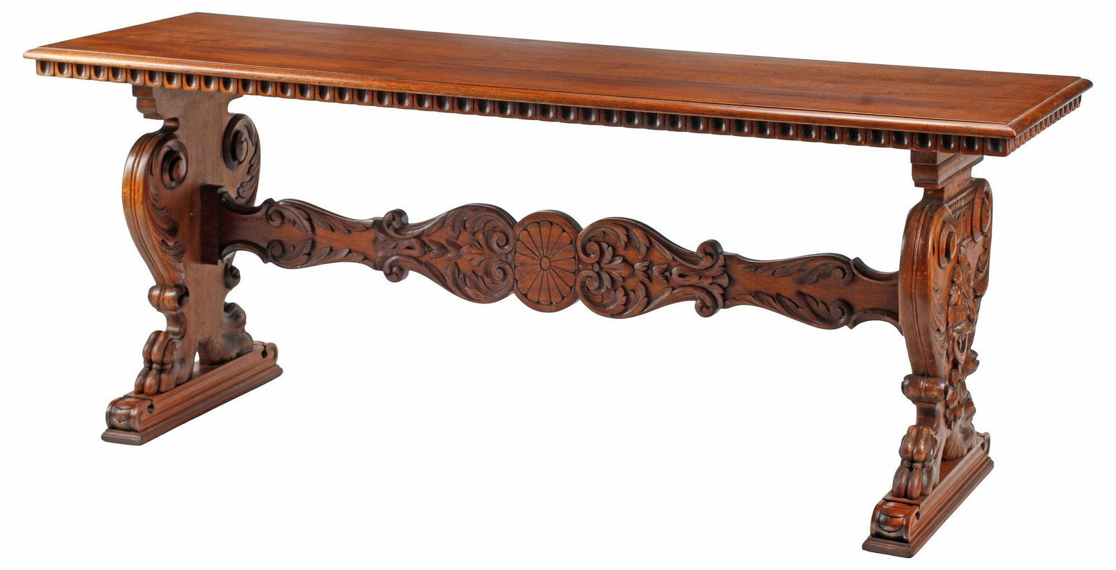LARGE ITALIANATE RENAISSANCE STYLE FIGURAL CARVED TRESTLE TABLE (1 of 5)