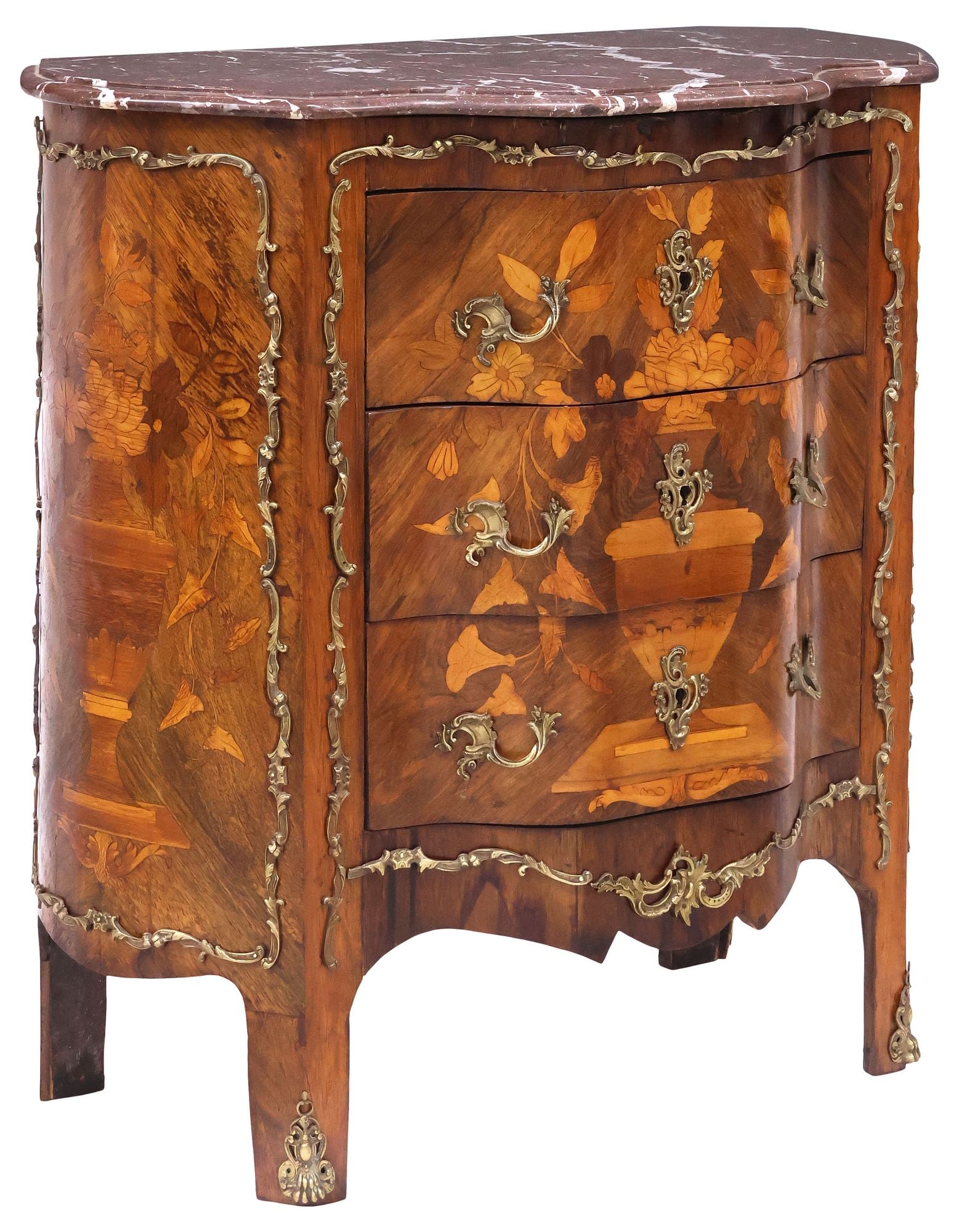 FRENCH NAPOLEON III PERIOD MARBLE-TOP MARQUETRY BOMBE COMMODE: French Napoleon III matched walnut veneer bombe commode, 19th c., having shaped marble top, over three drawers with flowering urn marquetry and scrolling gilt-metal trim, rising on angular legs, endin