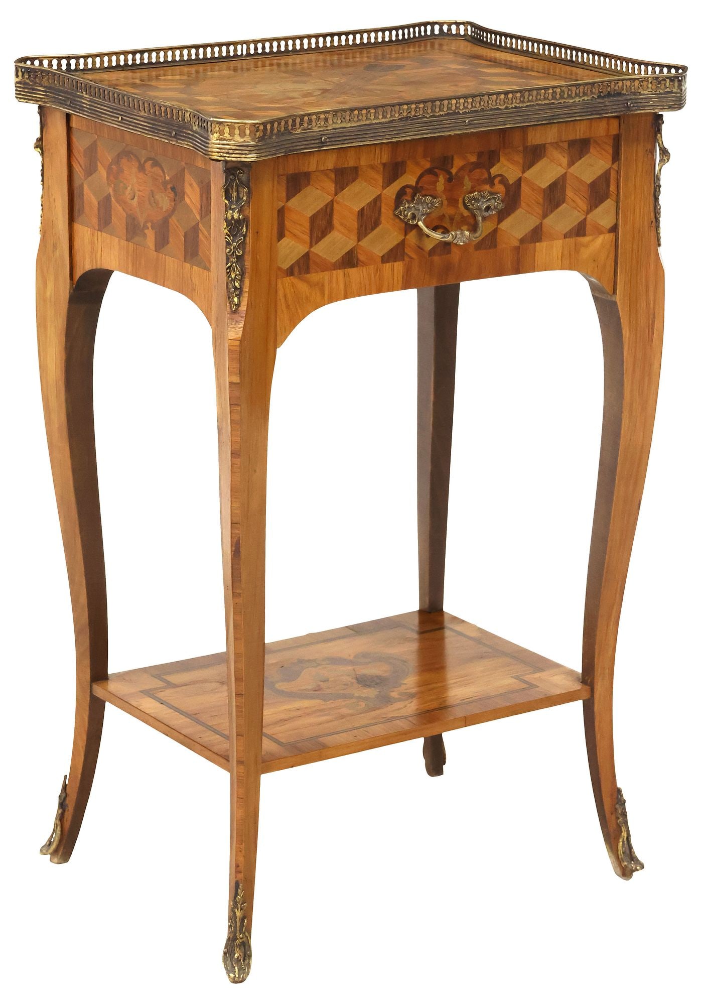 FRENCH TRANSITIONAL STYLE INLAID 1-DRAWER SIDE TABLE: French Transitional style inlaid side table, late 19th c., having shaped top with pierced gilt-metal gallery, central crossed torch and quiver of arrows marquetry spray, over single drawer with cubic 