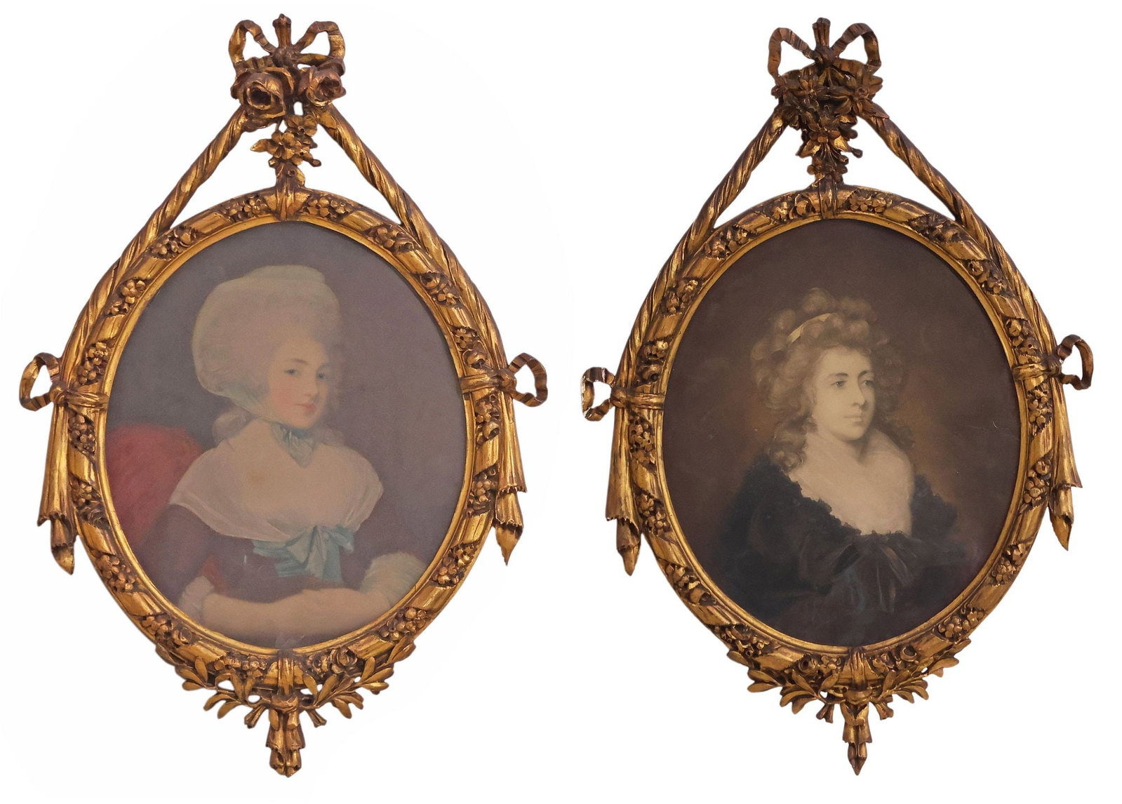 (2) FRAMED AQUATINT ENGRAVINGS, PORTRAITS OF YOUNG LADIES: (lot of 2) Framed aquatint engravings on paper, including: (1) Portrait of a Young Lady, (1) Female Portrait with Bonnet, both encased behind glass, overall toning and foxing, not examined out of fram