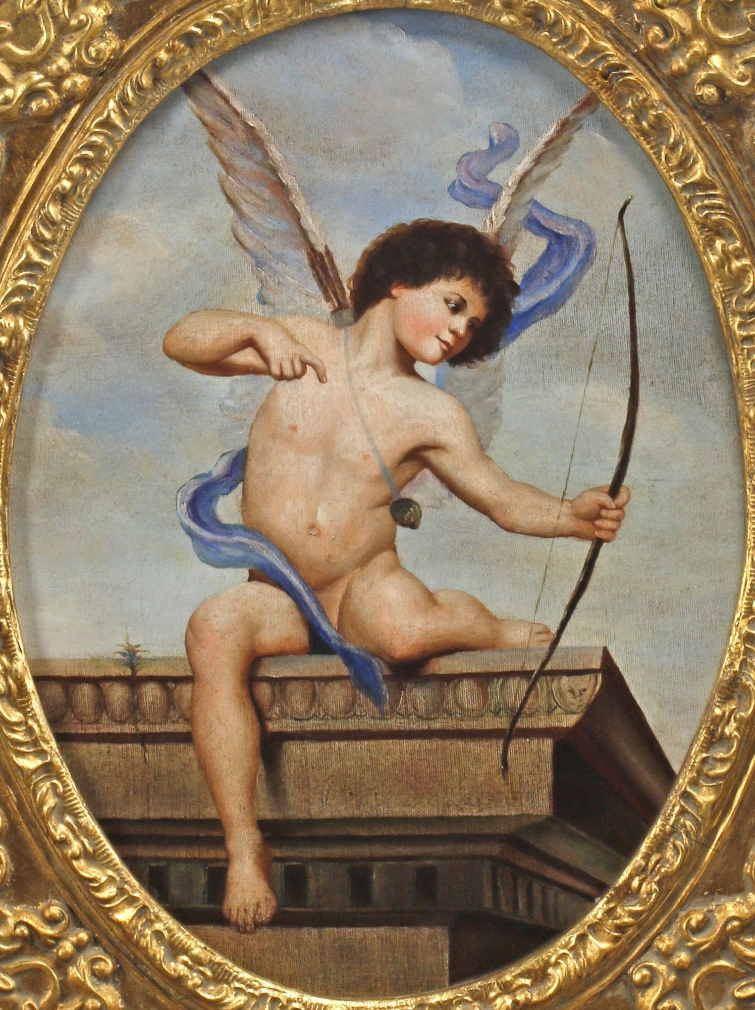FRENCH SCHOOL GILTWOOD-FRAMED OIL PAINTING, CUPID WITH BOW: Framed oil on canvas painting, Eros, after Jacques Clement Wagrez (French, c.1846-1908), housed in an elaborate giltwood frame, sight: approx 15.5"h, 11.25"w, overall: approx 24.5"h, 20.5"w, 14.5lbs