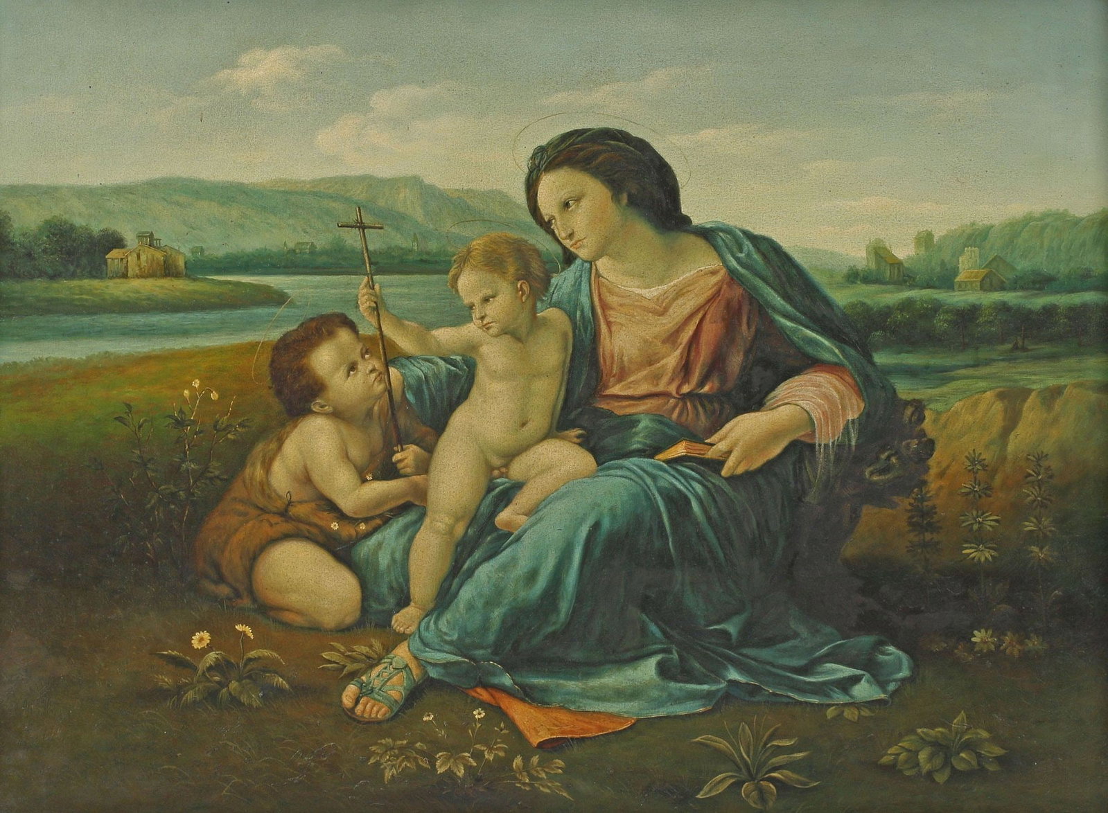 LARGE PAINTING AFTER RAPHAEL, 'ALBA MADONNA,' 39" X 48.5": Large framed oil on canvas painting, "Alba Madonna," after Raphael (Raffaello Sanzio da Urbino, Italian, 1483-1520), apparently unsigned, sight: approx 29.25"h, 39.5"w, overall: approx 38.5"h,