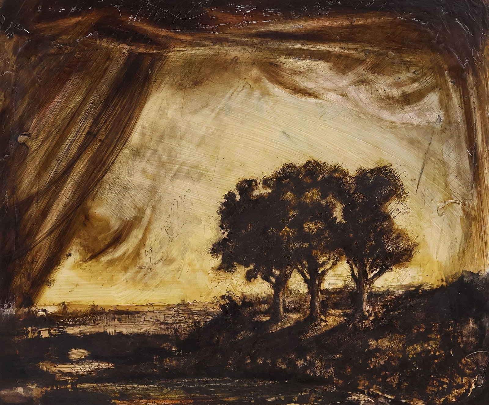 OIL & SGRAFFITO PAINTING AFTER REMBRANDT VAN RIJN (1606-1669), THREE TREES: Framed oil painting with sgraffito drawing on paper laid on canvas, The Three Trees, after Rembrandt van Rijn (Amsterdam, 1606-1669), apparently unsigned, intentionally distressed, sight: approx