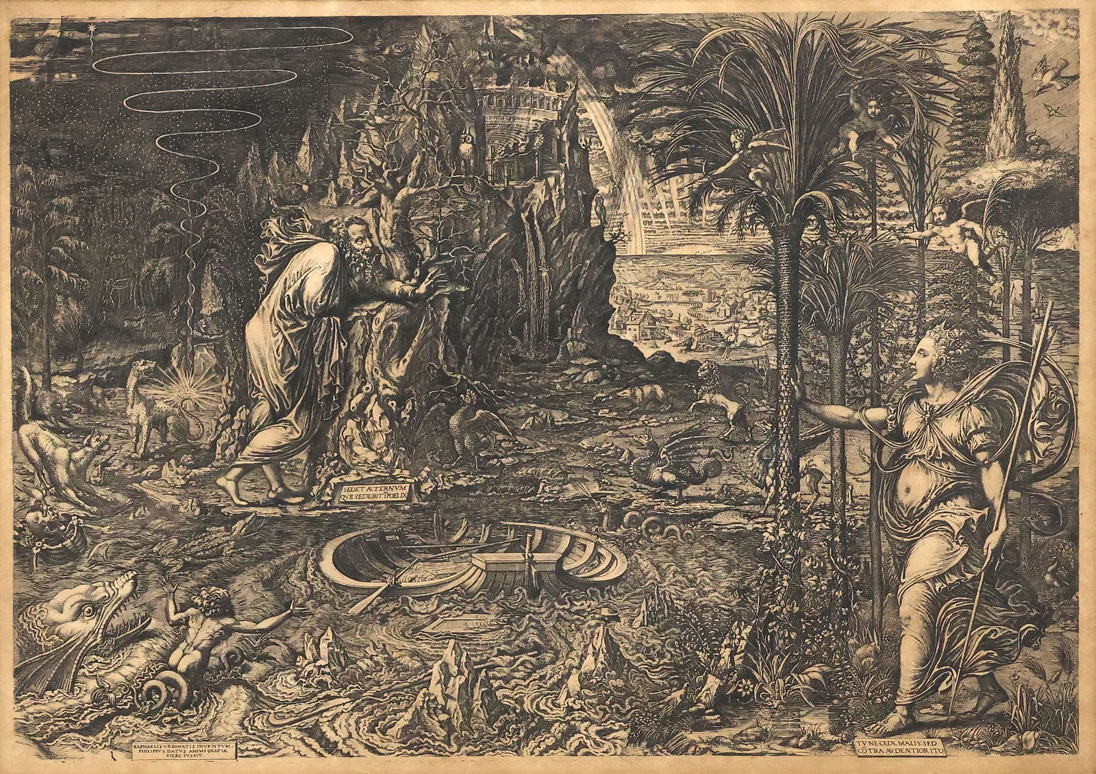 GIORGIO GHISI (ITALIAN, 1520-1582) ENGRAVING ON LAID PAPER, 'DREAM OF RAPHAEL': Framed engraving on laid paper, "The Dream of Raphael/ The Allegory of Life," Giorgio Mantovano Ghisi (Italian, 1520-1582), likely inspired by the works of Raphael (Raffaello Sanzio da Urbino,