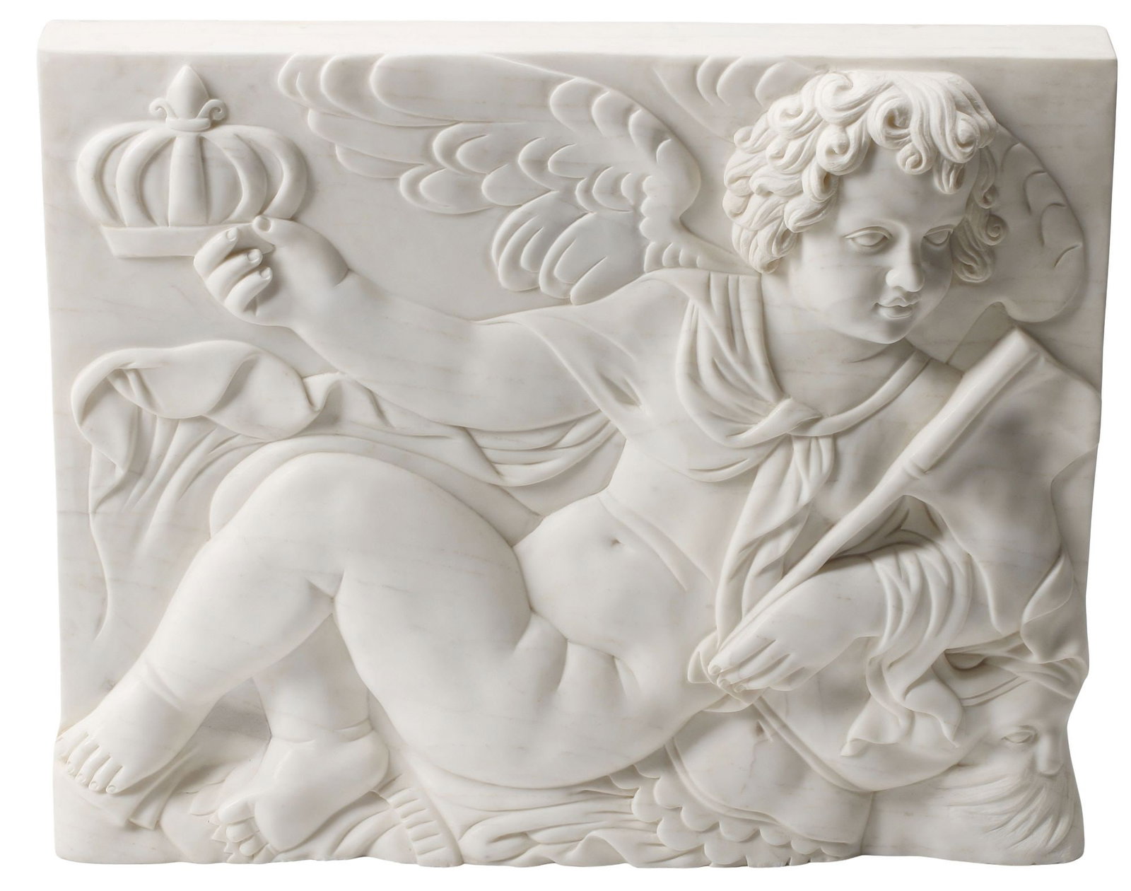AFTER MATTHIEU JACQUET (FRENCH, 16TH C.) CARVED MARBLE BAS RELIEF PLAQUE: Carved Carrara marble bas relief plaque, Genius Resting on a Breastplate Bearing a Crown and a Pennon, after Matthieu Jacquet (French, c.1545-c.1611), the original a fragment of the "Beautiful