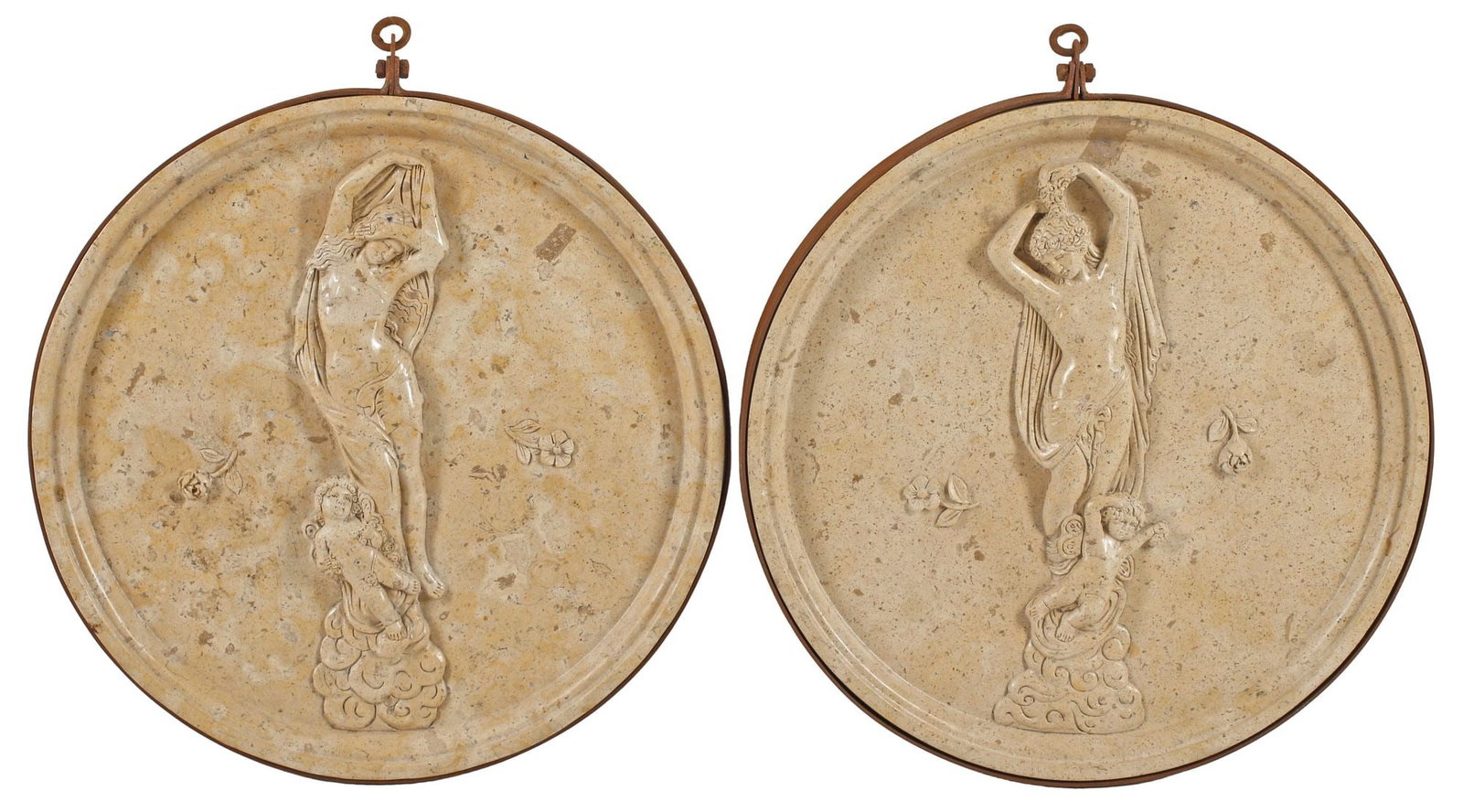 (2) CLASSICAL STYLE CULTURED MARBLE RELIEF PLAQUES, 20"DIAM: (pair) Classical style cultured marble relief plaques, each depicting a draped allegorical female, standing atop a celestial cloud with winged cherub, in circular iron frame, approx 20"diam, 56lbs