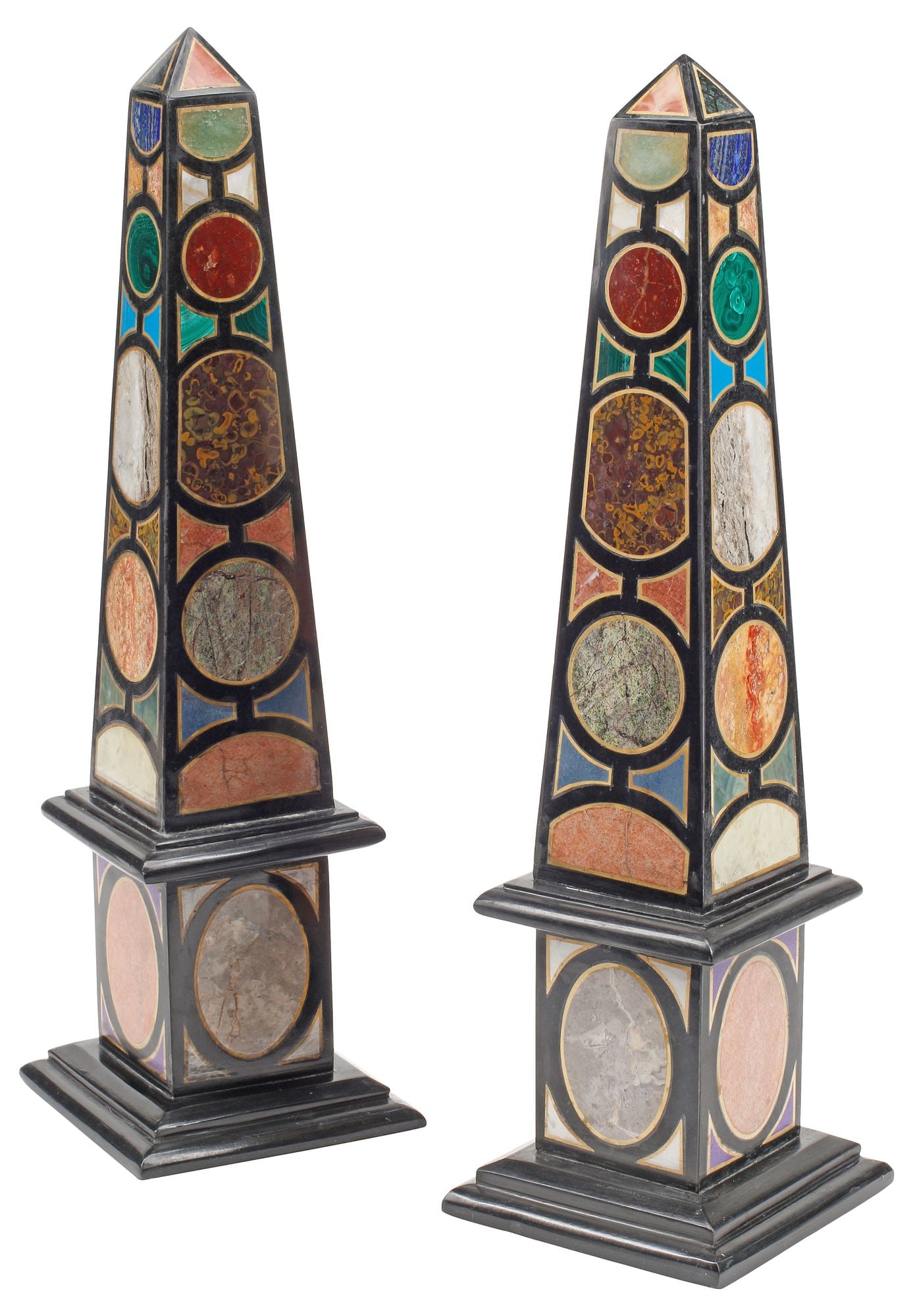 (2) GRAND TOUR STYLE SPECIMEN MARBLE INLAID OBELISKS, 21"H (1 of 5)