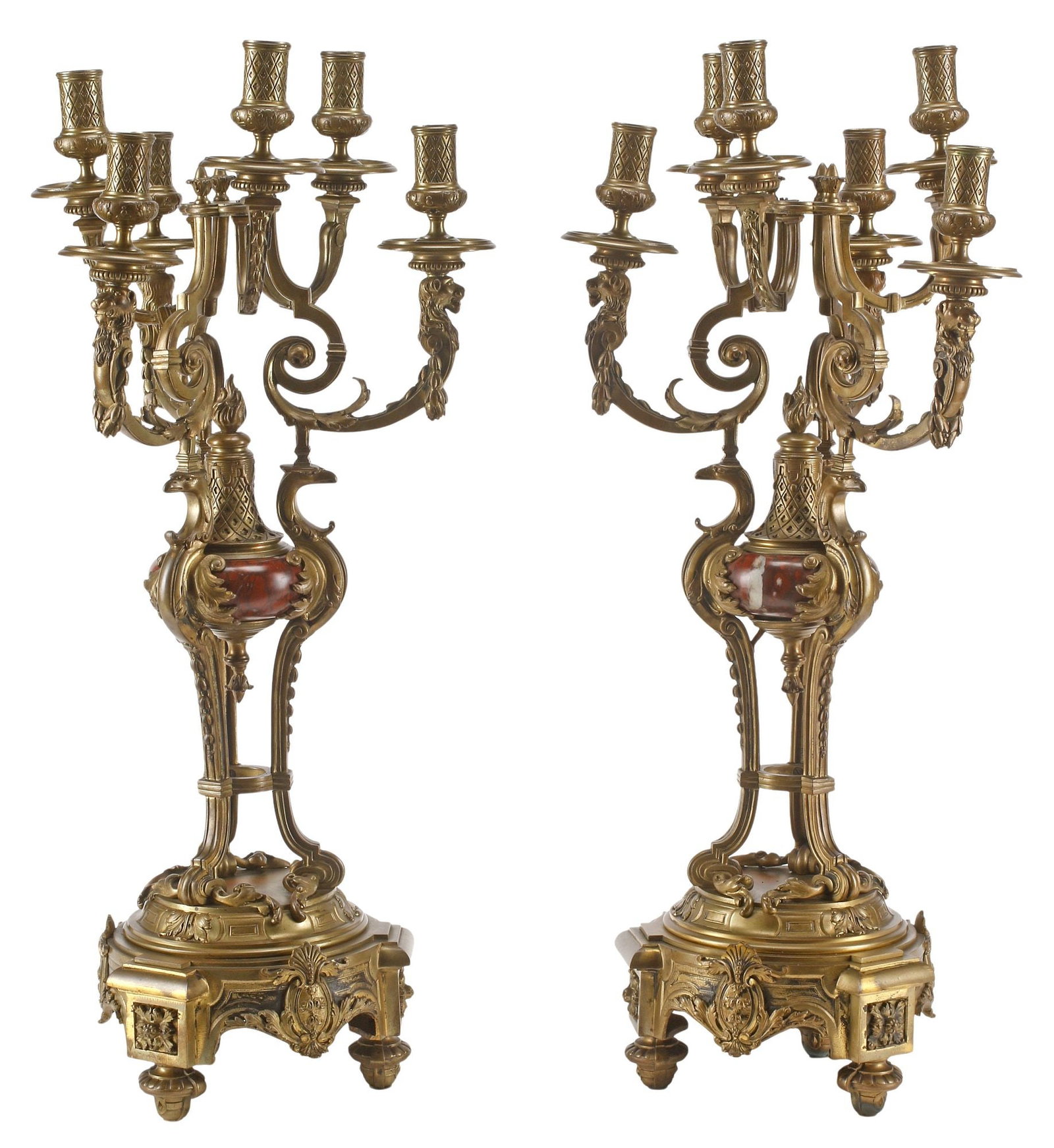(2) REGENCE STYLE ORMOLU & ROUGE MARBLE 6-LIGHT CANDELABRA, 26"H (1 of 8)