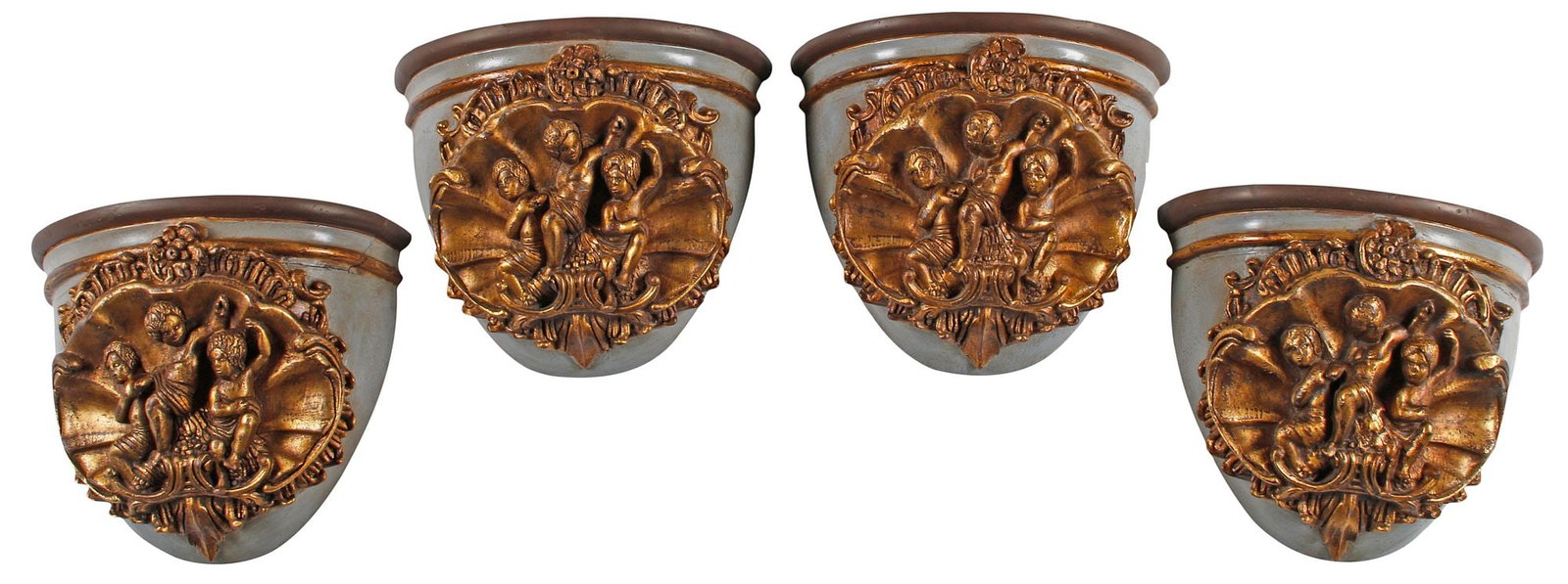 (4) ROCOCO STYLE PARCEL GILT FIGURAL DEMILUNE WALL BRACKETS: (lot of 4) Rococo style parcel gilt and paint decorated wall brackets, each having demilune top, over fanned shell encasing allegorical putti, approx 10.5"h, 12"w, 5"d, 32.75lbs total