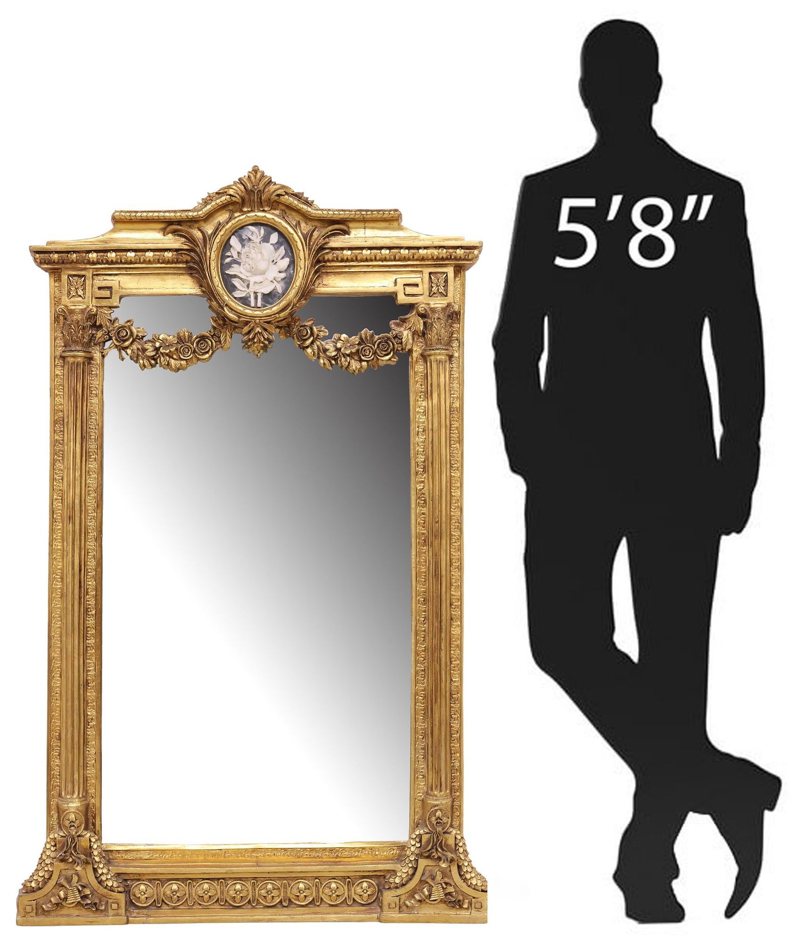 FRENCH LOUIS XVI STYLE GILTWOOD MIRROR WITH CARVED MARBLE PLAQUE: French Louis XVI style giltwood mirror, early 20th c., having inset plaque with carved marble roses, rectangular frame with running foliate ornamentation, encasing beveled mirror plate, draped with