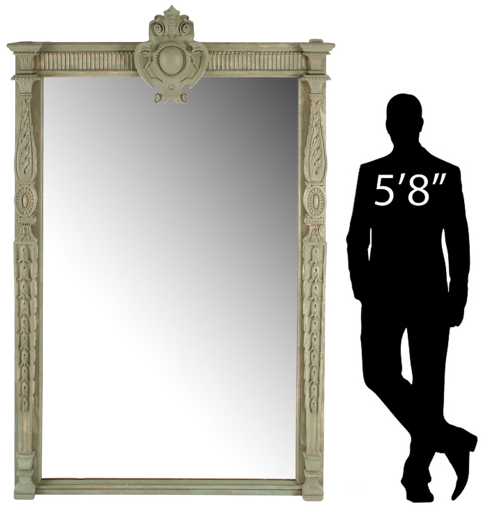 MONUMENTAL NEOCLASSICAL STYLE PAINTED WALL MIRROR, 80"H: Large Neoclassical style painted wall mirror, having raised shield crest, above rectangular back with foliate pilasters, encasing flat mirror plate, approx 80"h, 47"w, 110lbs