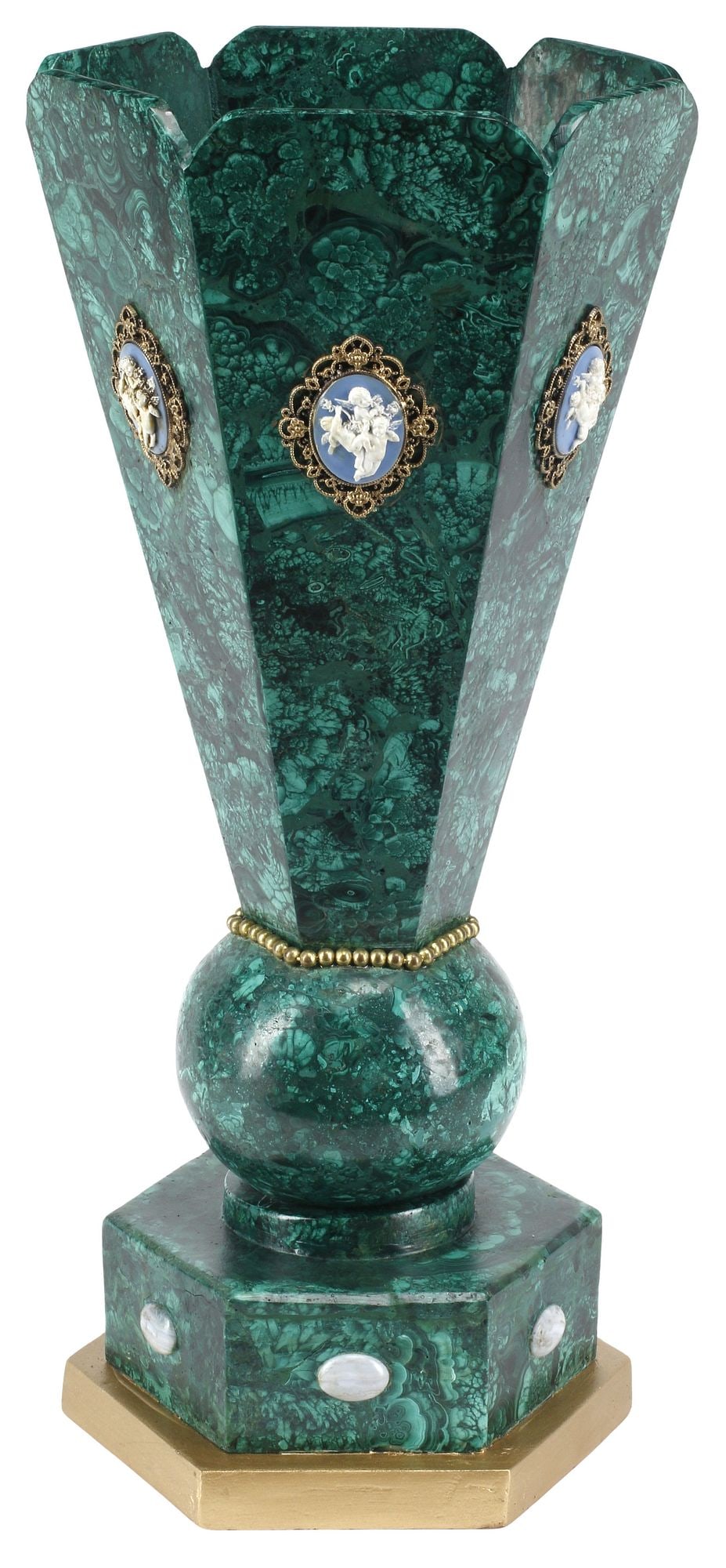 LARGE JEWELED & MOUNTED MALACHITE HEXAGONAL VASE, 20"H: Large jeweled malachite hexagonal vase, tapering body with blue and white cherub plaques, over base with ovular cabochons, rising on gilt platform, approx 20"h, 8.5"diam, 20.75lbs