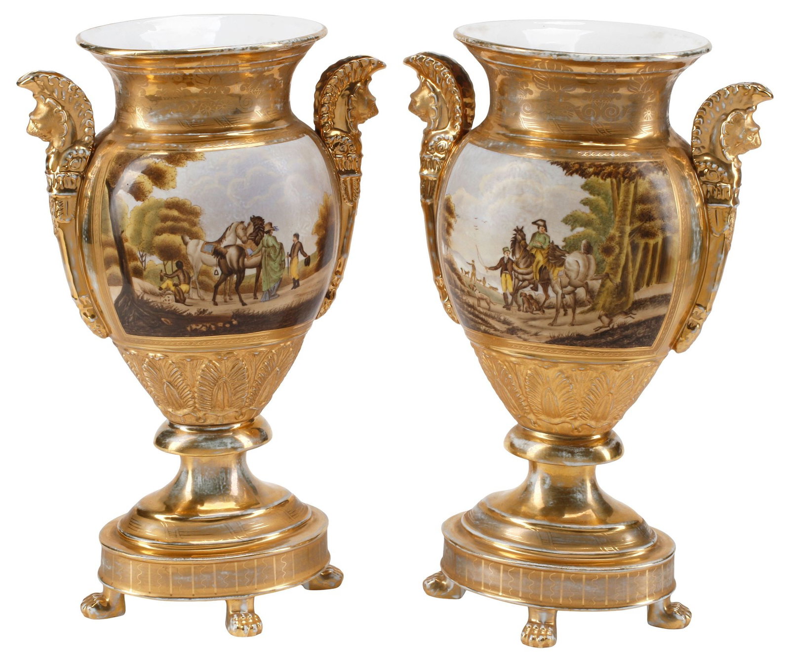 (2) KPM STYLE GILT & PAINTED PORCELAIN URNS / VASES WITH LION MASK HANDLES (1 of 7)
