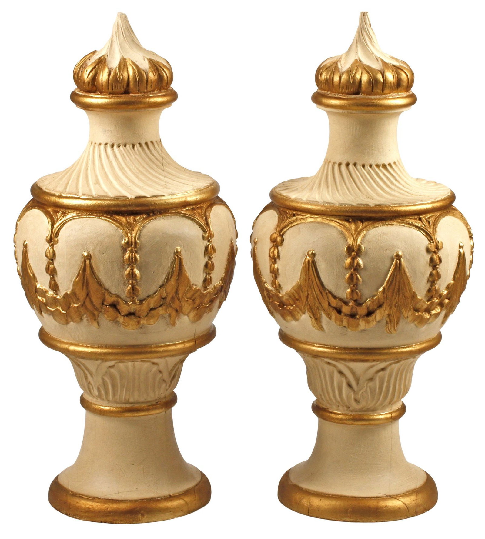 (2) LARGE NEOCLASSICAL STYLE PARCEL-GILT ARCHITECTURAL FINIALS, 38"H: (pair) Large Neoclassical style parcel-gilt carved wood finials, each with pointed top, over foliate swag and shell motifs, approx 38"h, 17"diam, 120lbs total