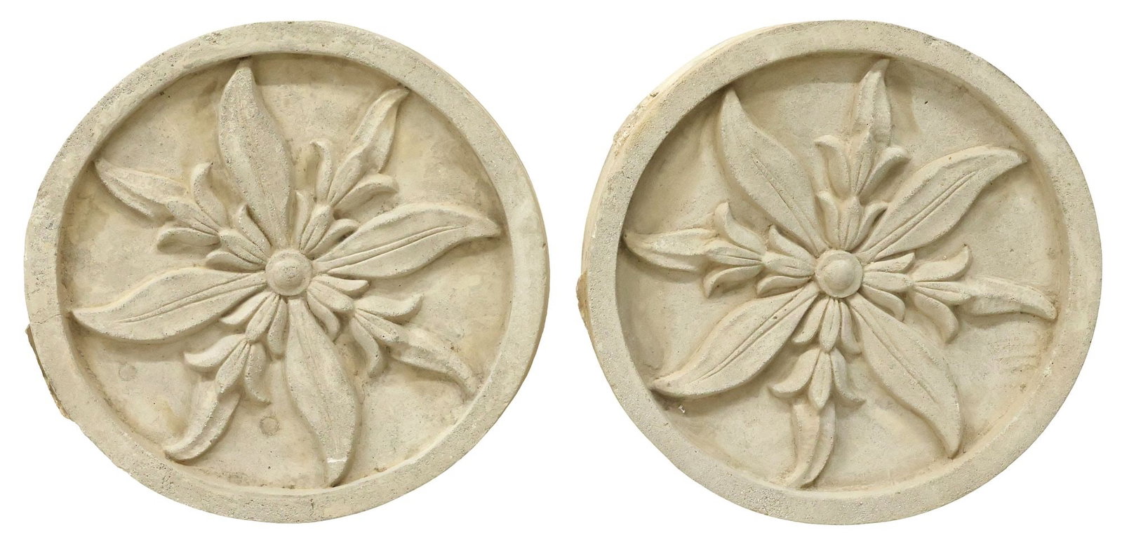 (2) LARGE ARCHITECTURAL CAST STONE FLORAL ROUNDELS, 18"DIAM: (pair) Large architectural cast stone garden roundels, each with central floral medallion, approx 5.25"h, 17.75"diam **Provenance: Dallas, Texas: When the madness of collecting collides with